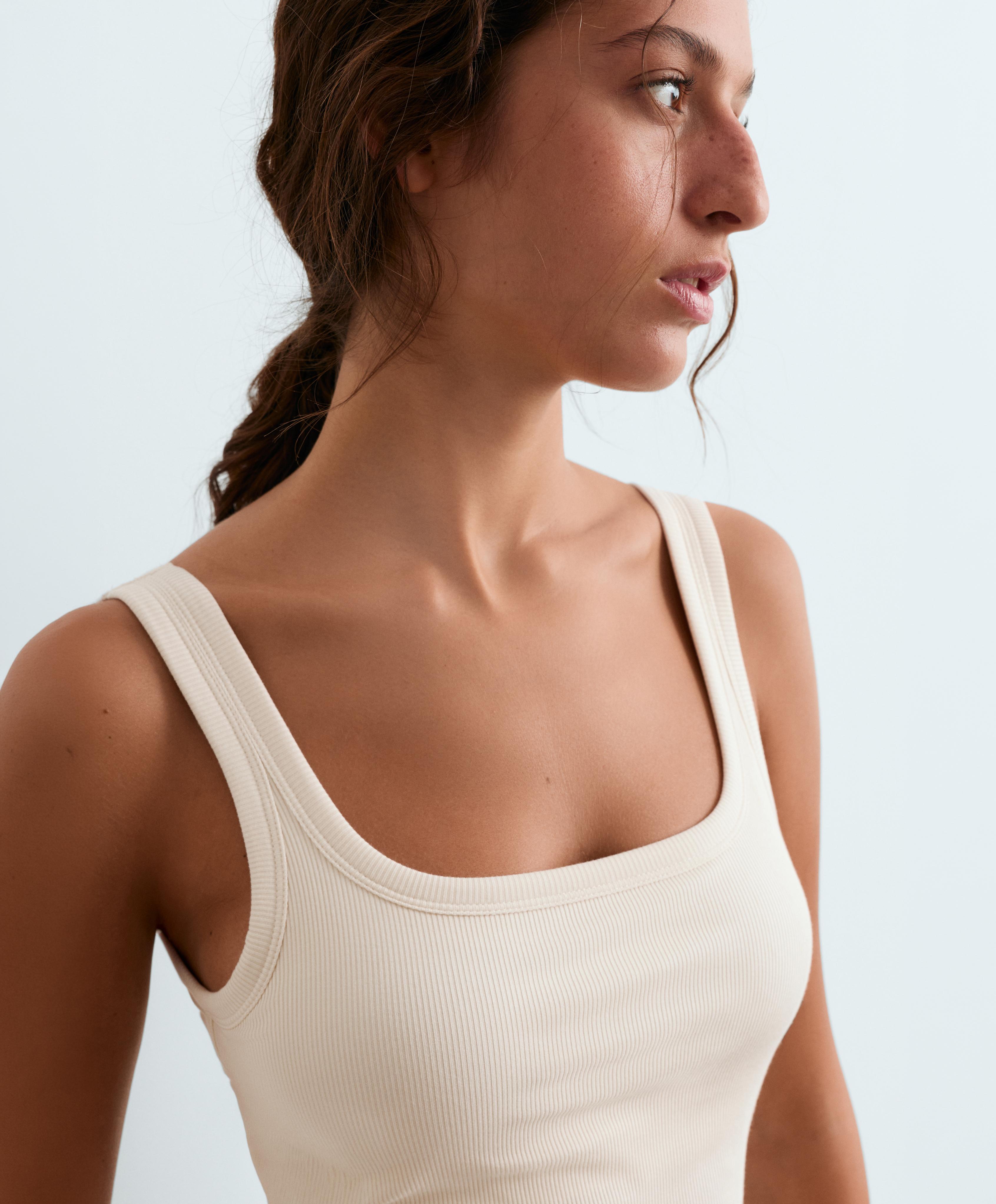Square neck rib modal blend tank top — PALE ECRU