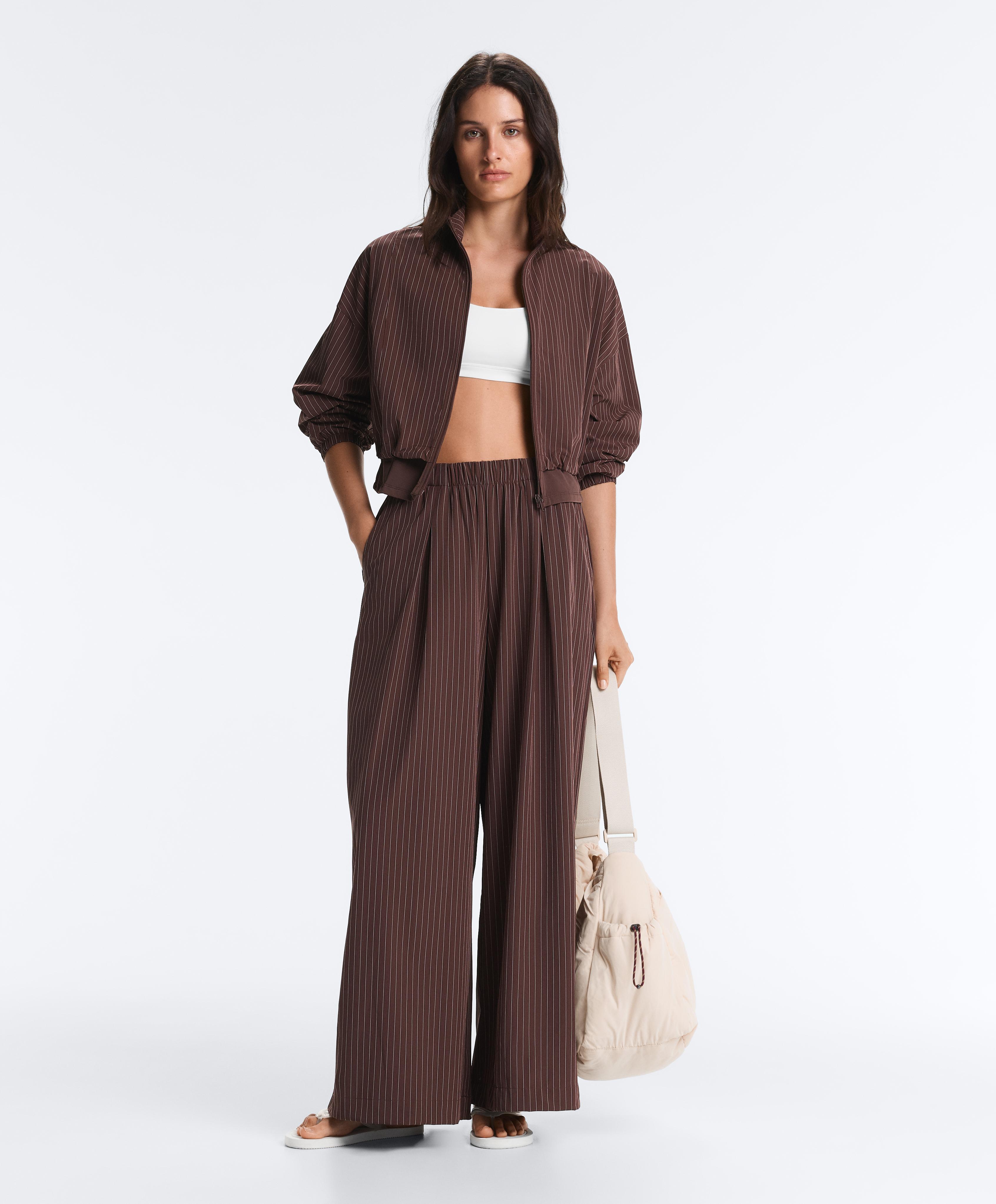 Water-repellent pinstripe wide-leg trousers — CHOCOLATE
