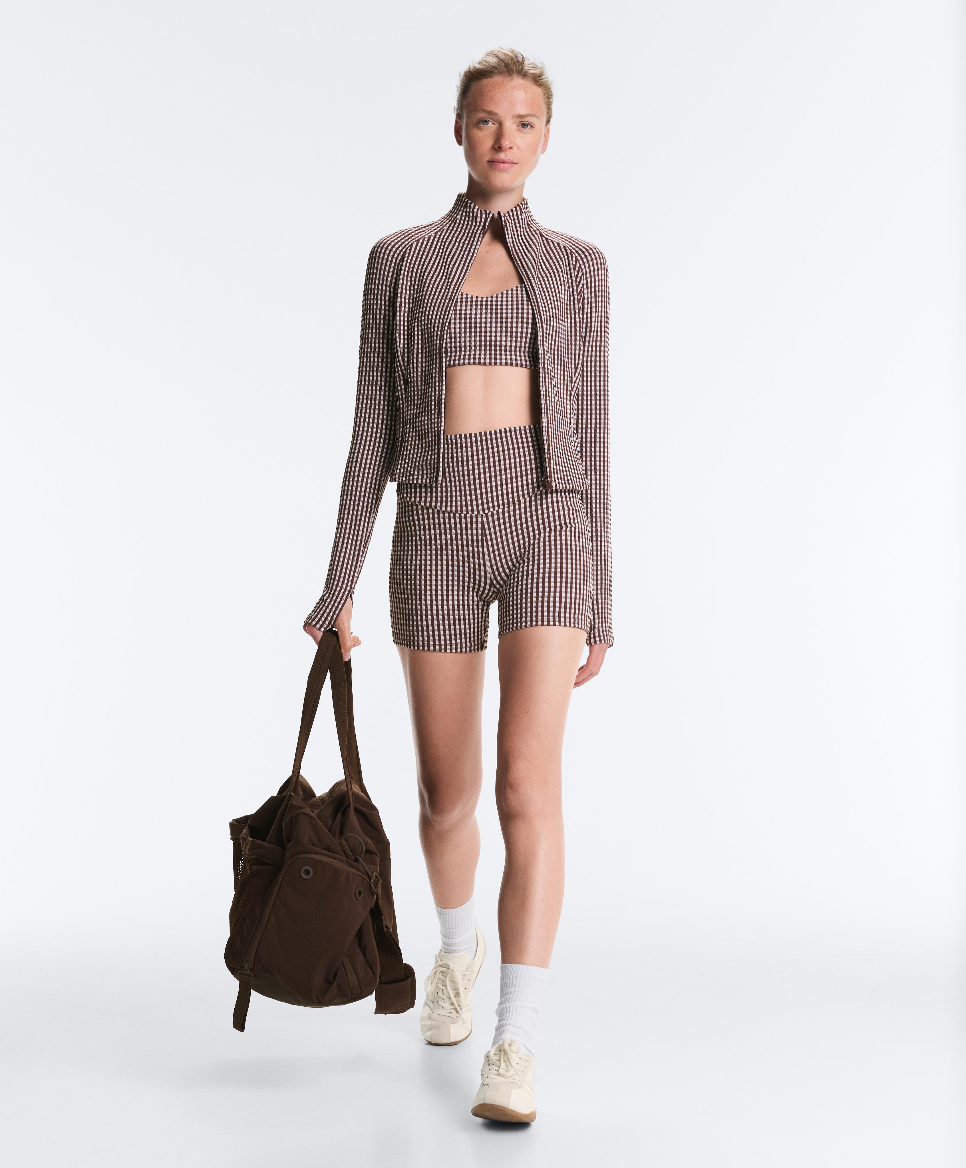 Gingham technical jacket — DARK REDDISH‑BROWN