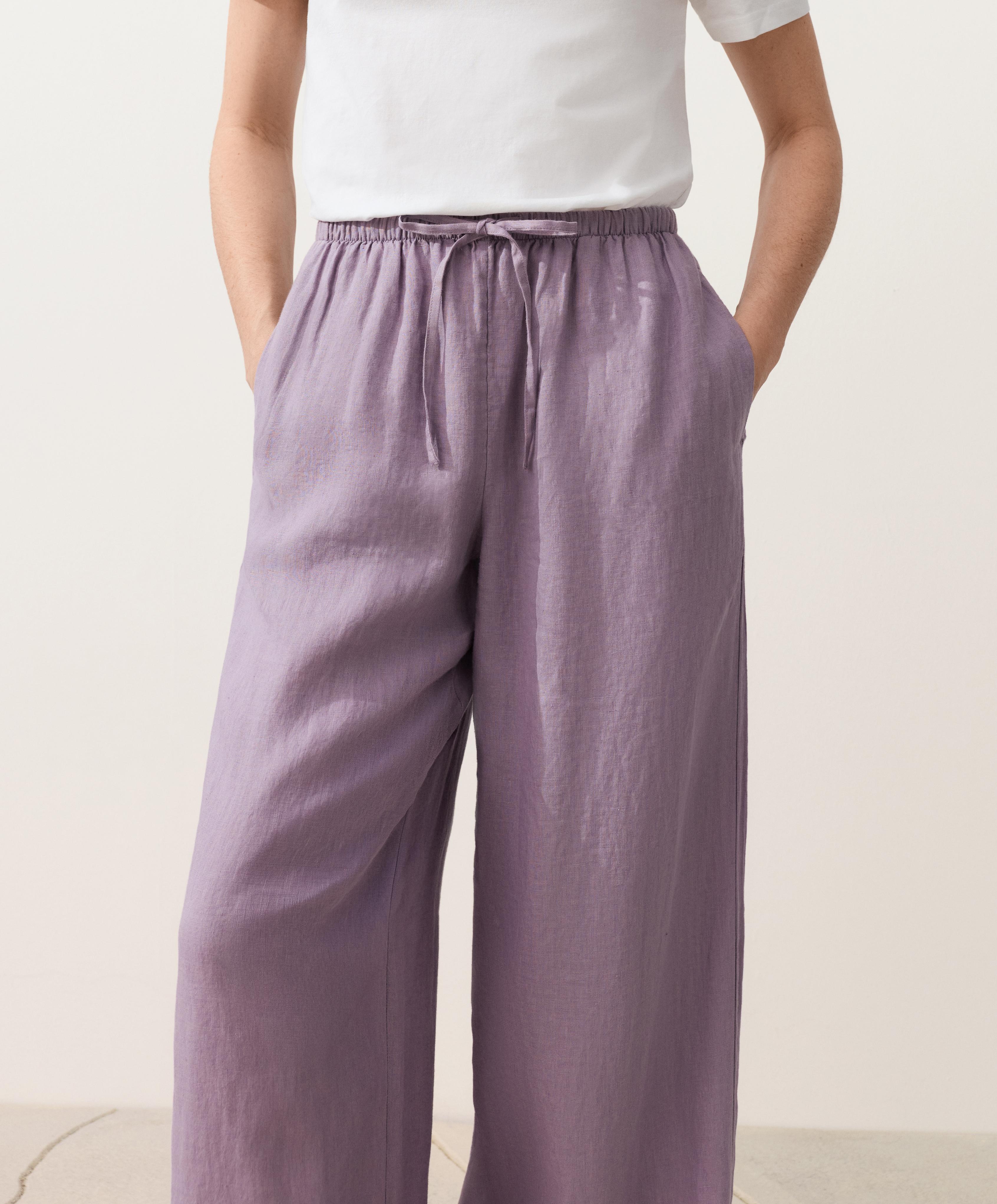 100% linen straight-leg trousers — LILAC
