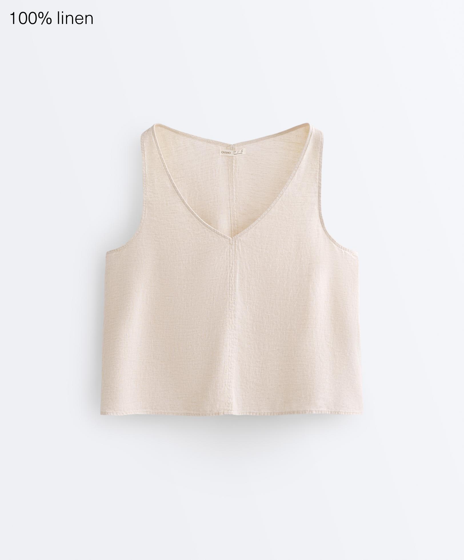 100% linen V-neck strap top — SAND MELANGE