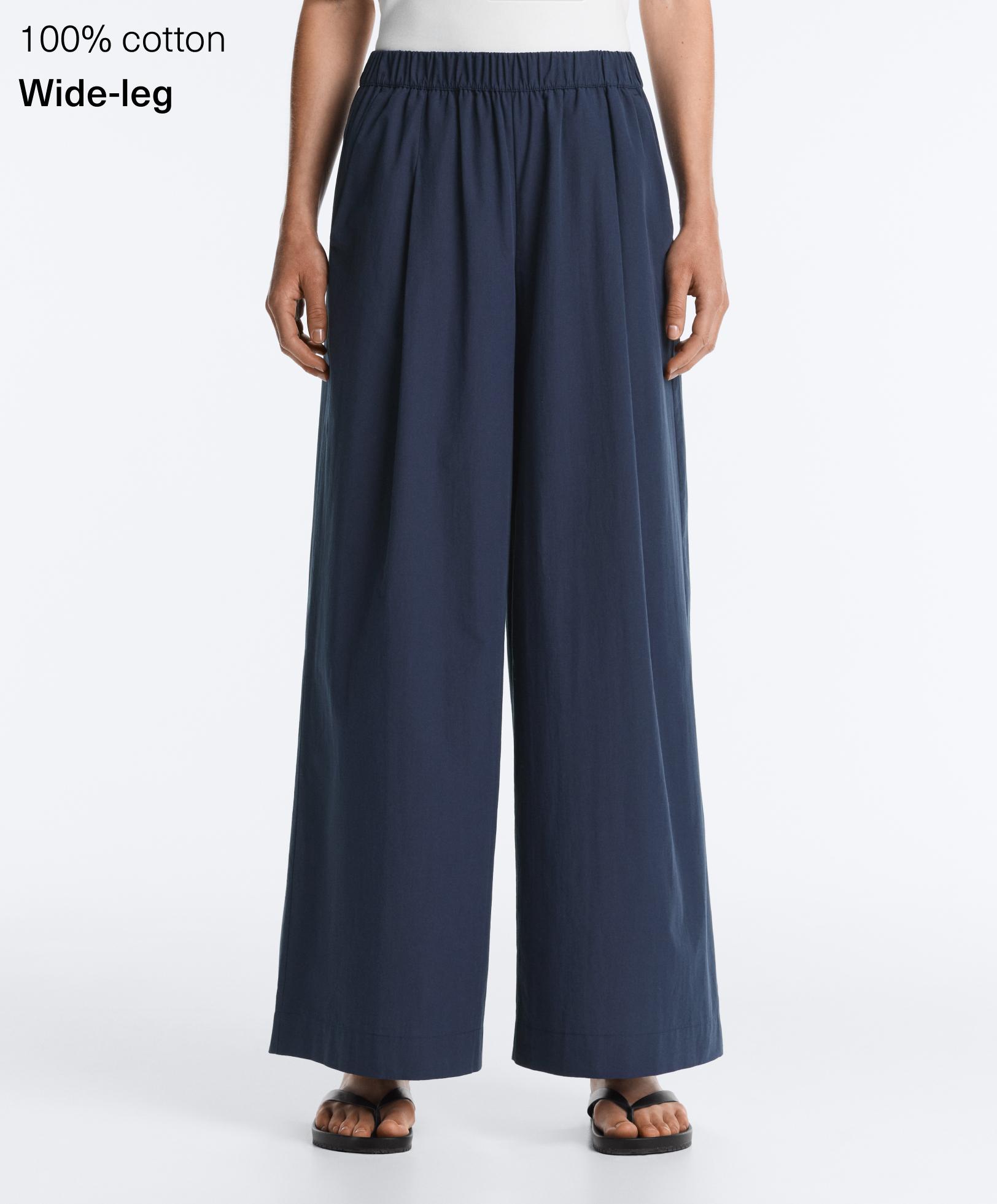 100% cotton poplin wide-leg trousers — NAVY BLUE