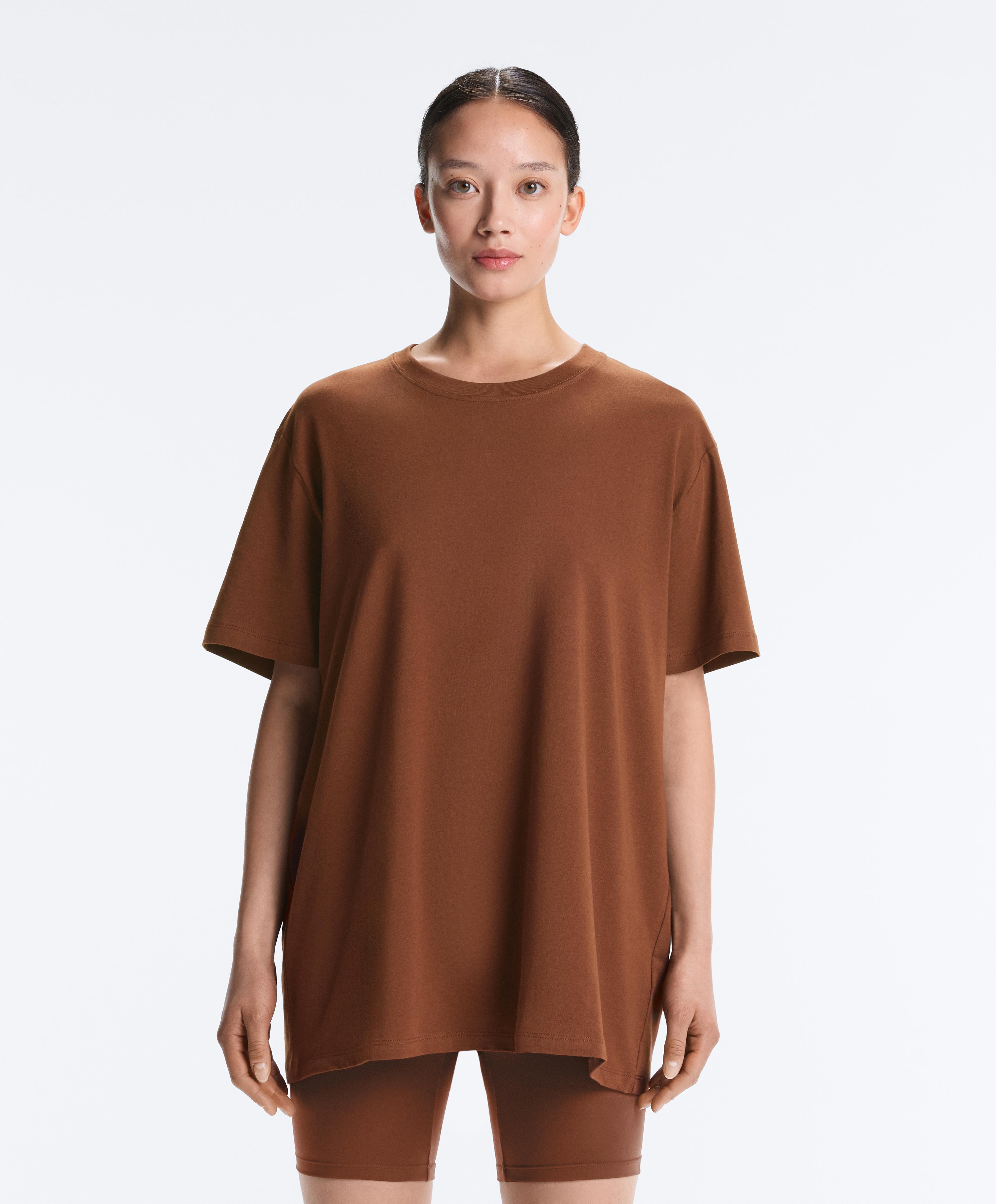Oversize cotton blend short-sleeved T-shirt — COFFEE