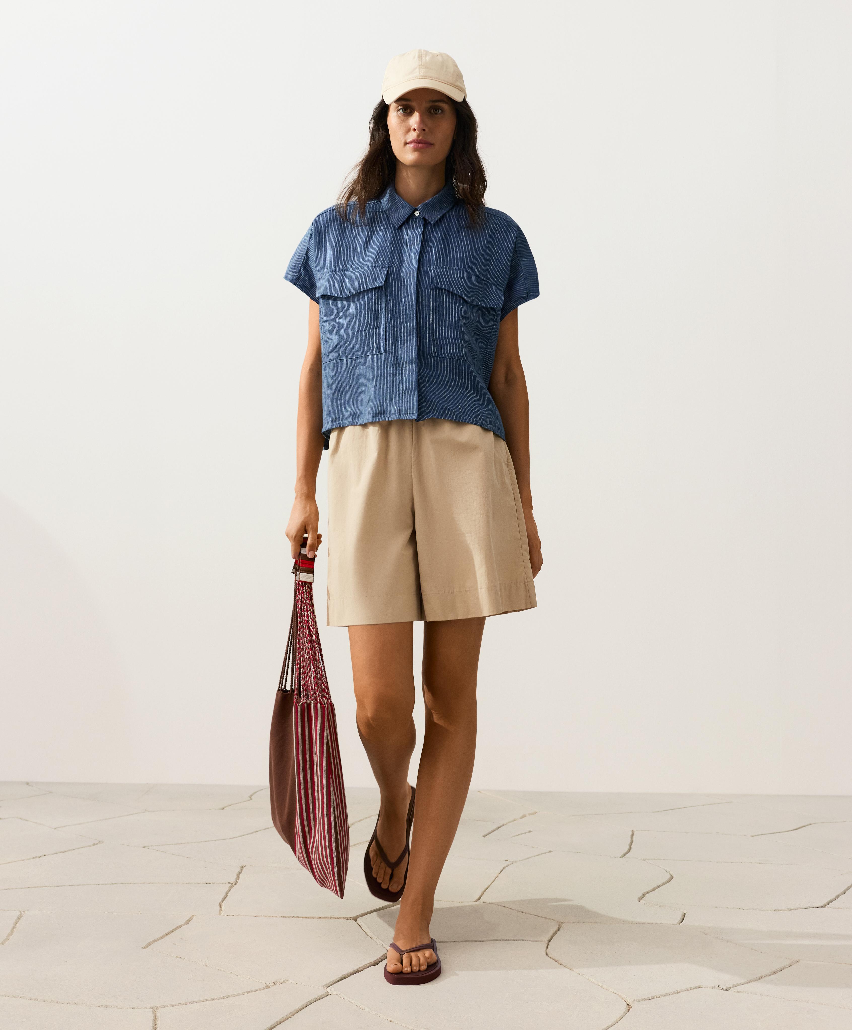 100% linen striped shirt with pockets — BLUE MELANGE