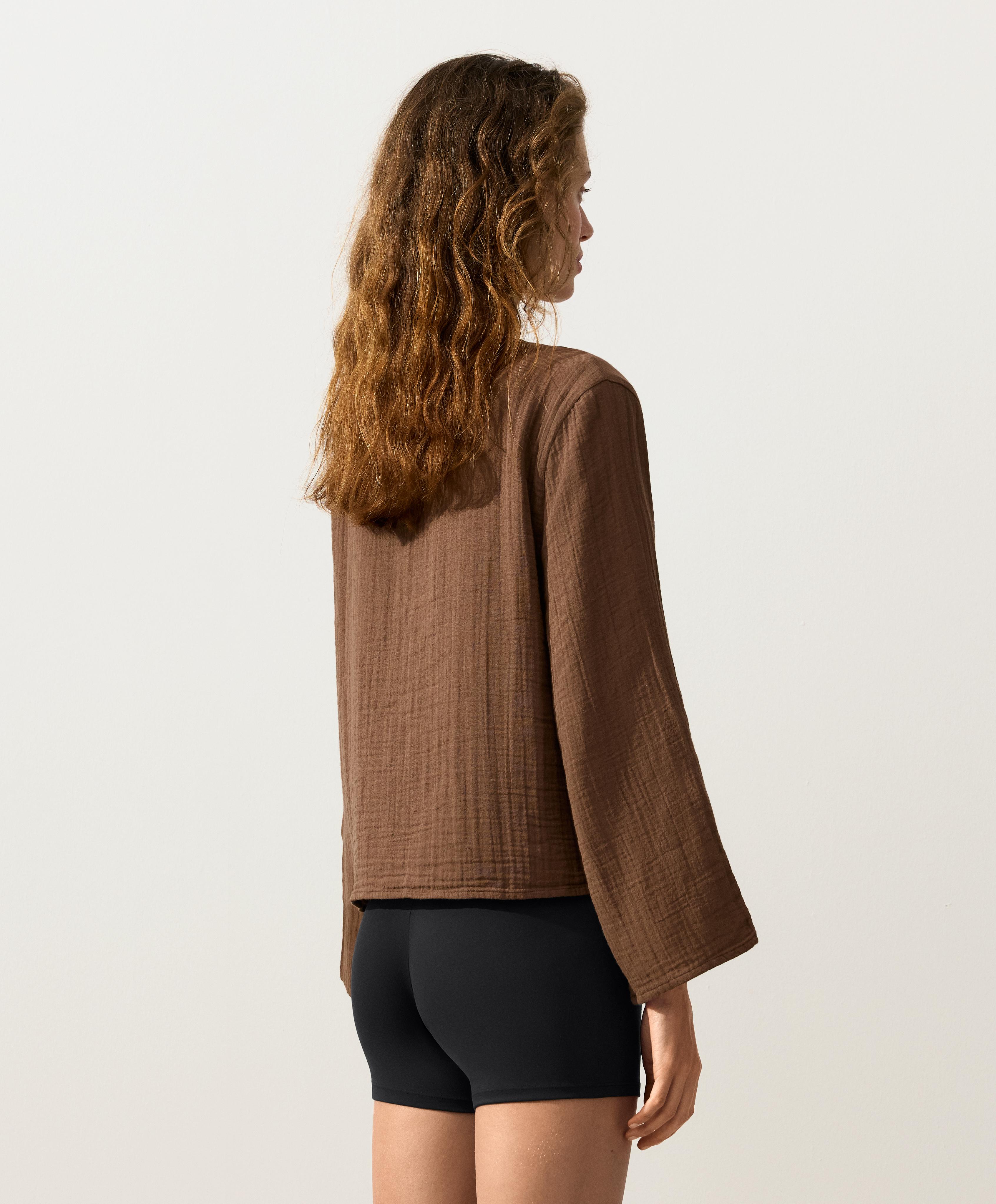 100% cotton gauze long-sleeved tie-front shirt — TAN