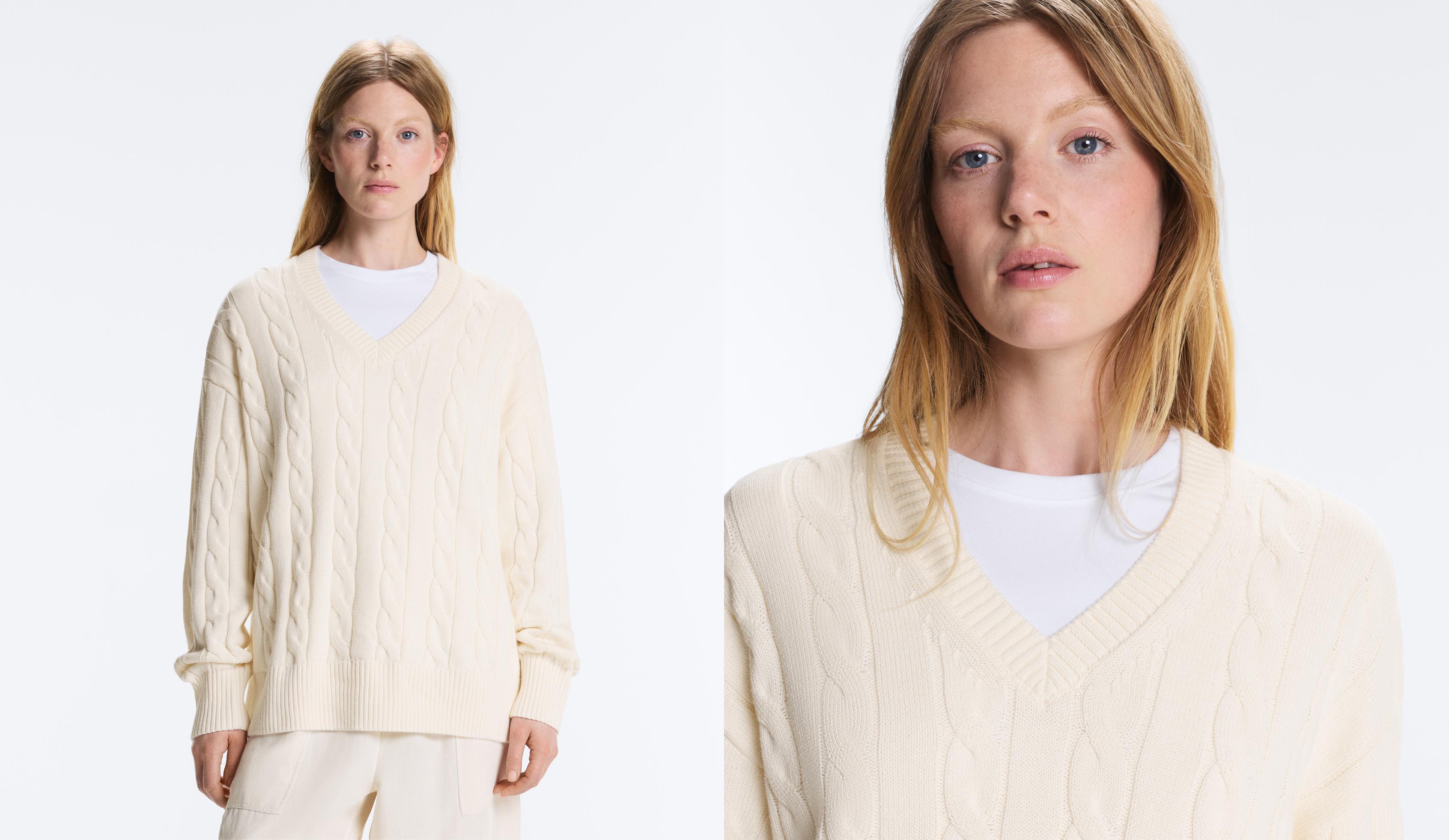 100% cotton cable knit V-neck jumper — PALE ECRU