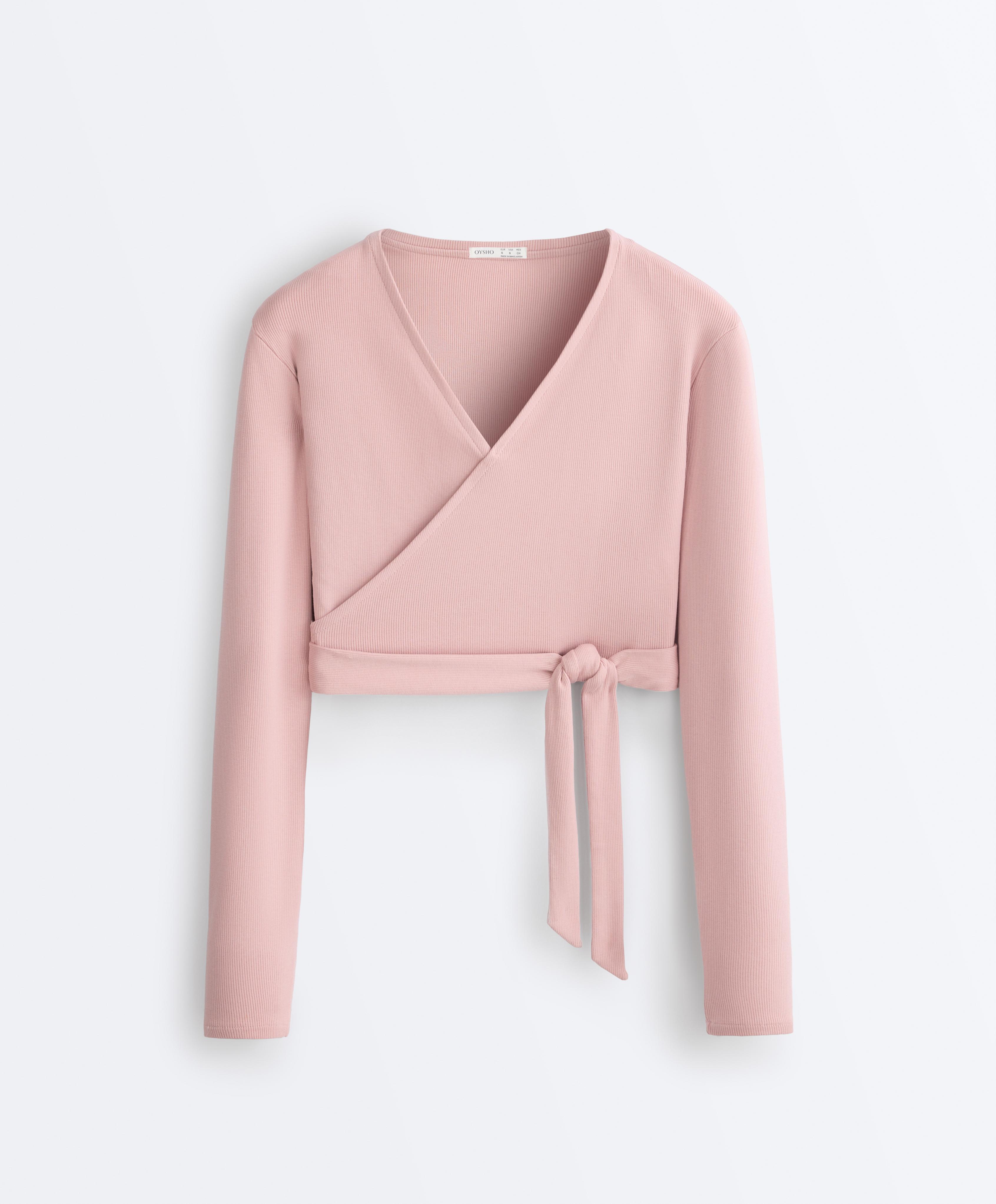 Rib cotton blend wrap T-shirt — NUDE PINK