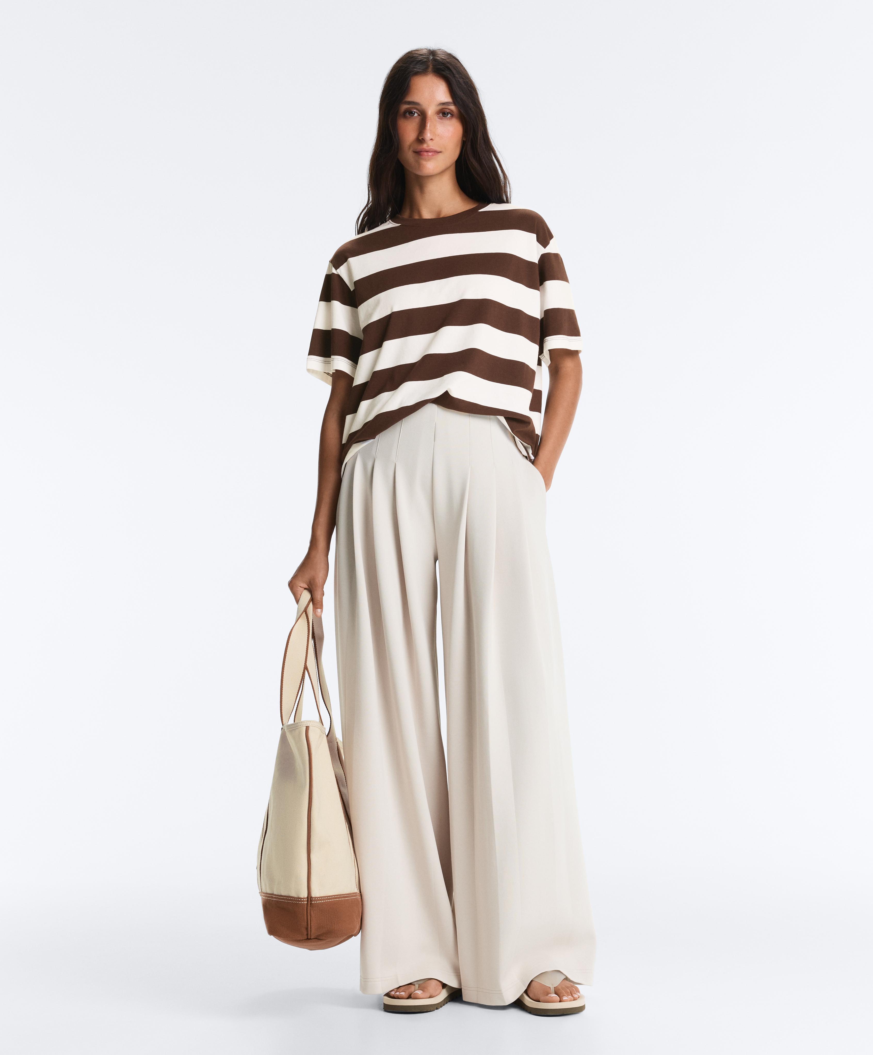 Cotton wide-leg pique trousers with pleats — PALE MINK