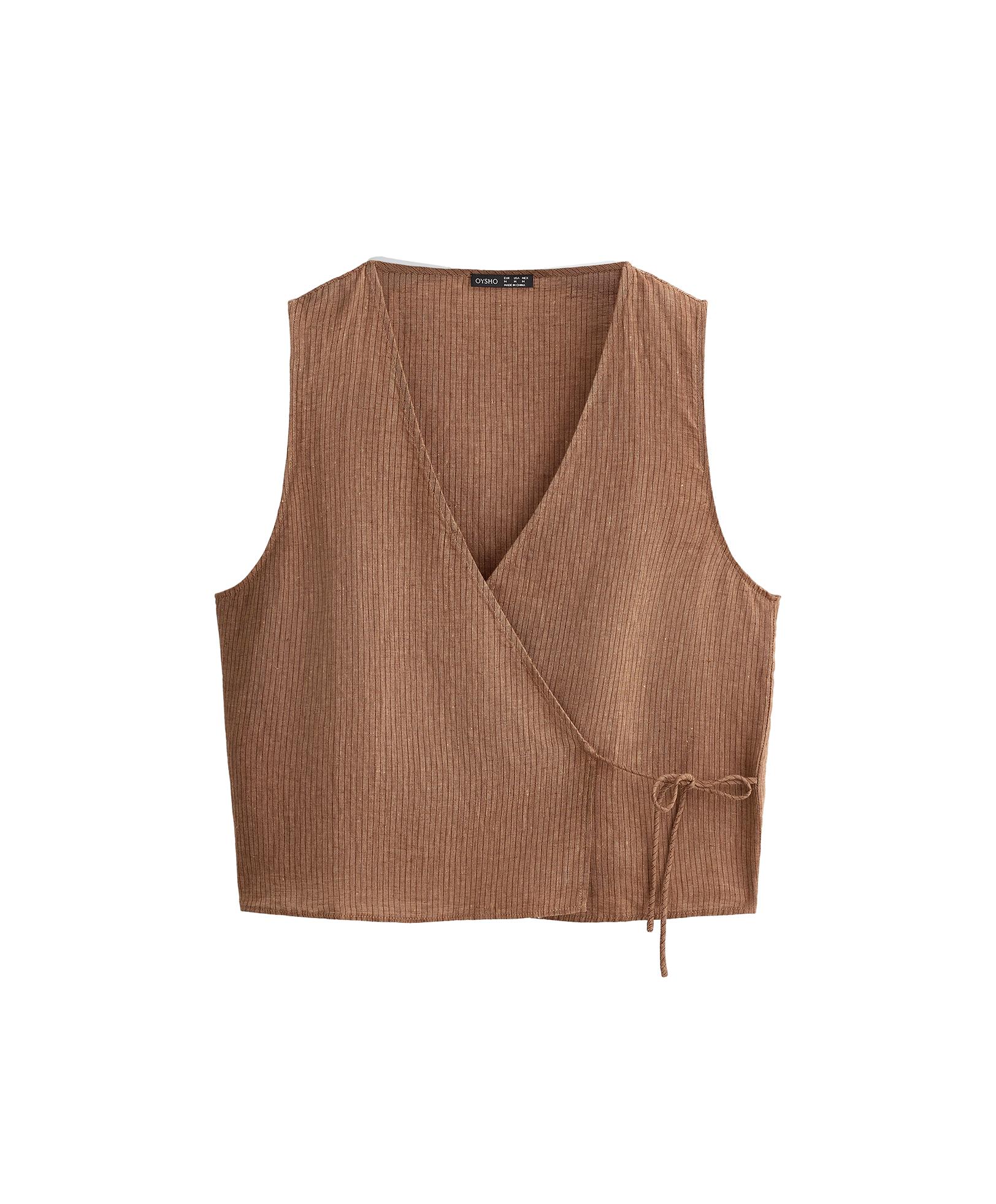 100% linen square neck crossover tie top — TAN MELANGE