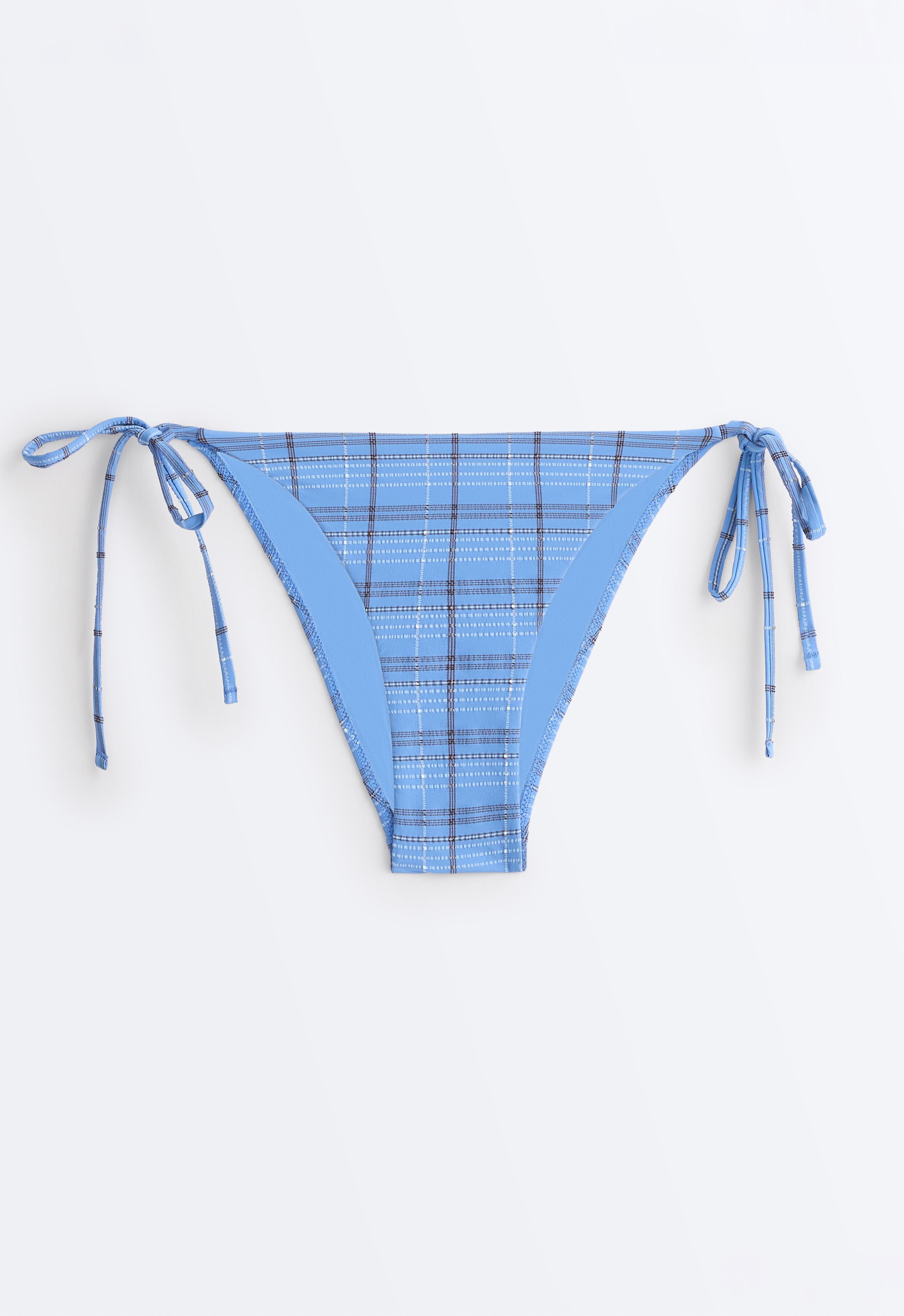 Medium-coverage check print tie bikini briefs — SKY BLUE