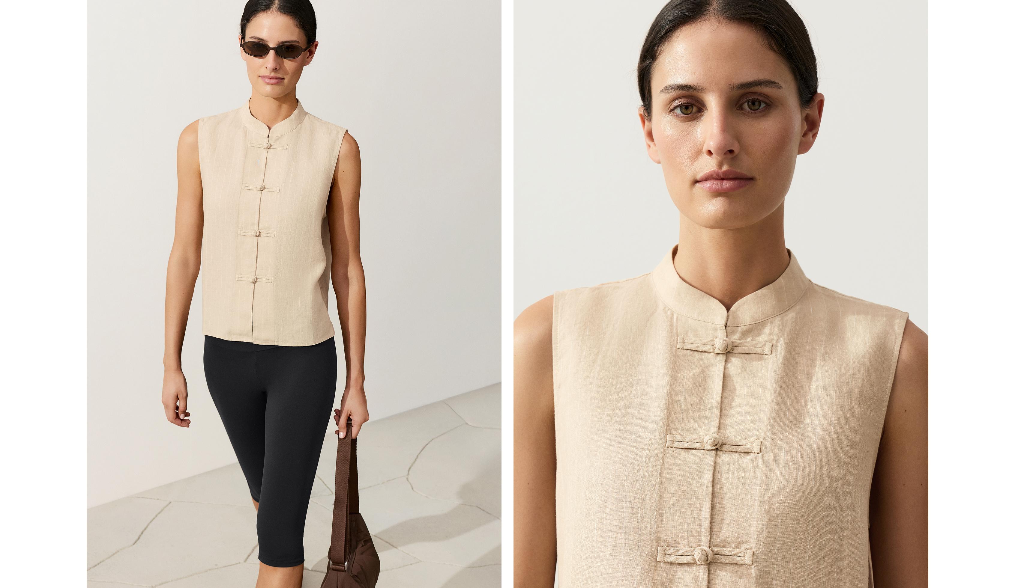 100% linen sleeveless stand-up collar shirt — SANDY