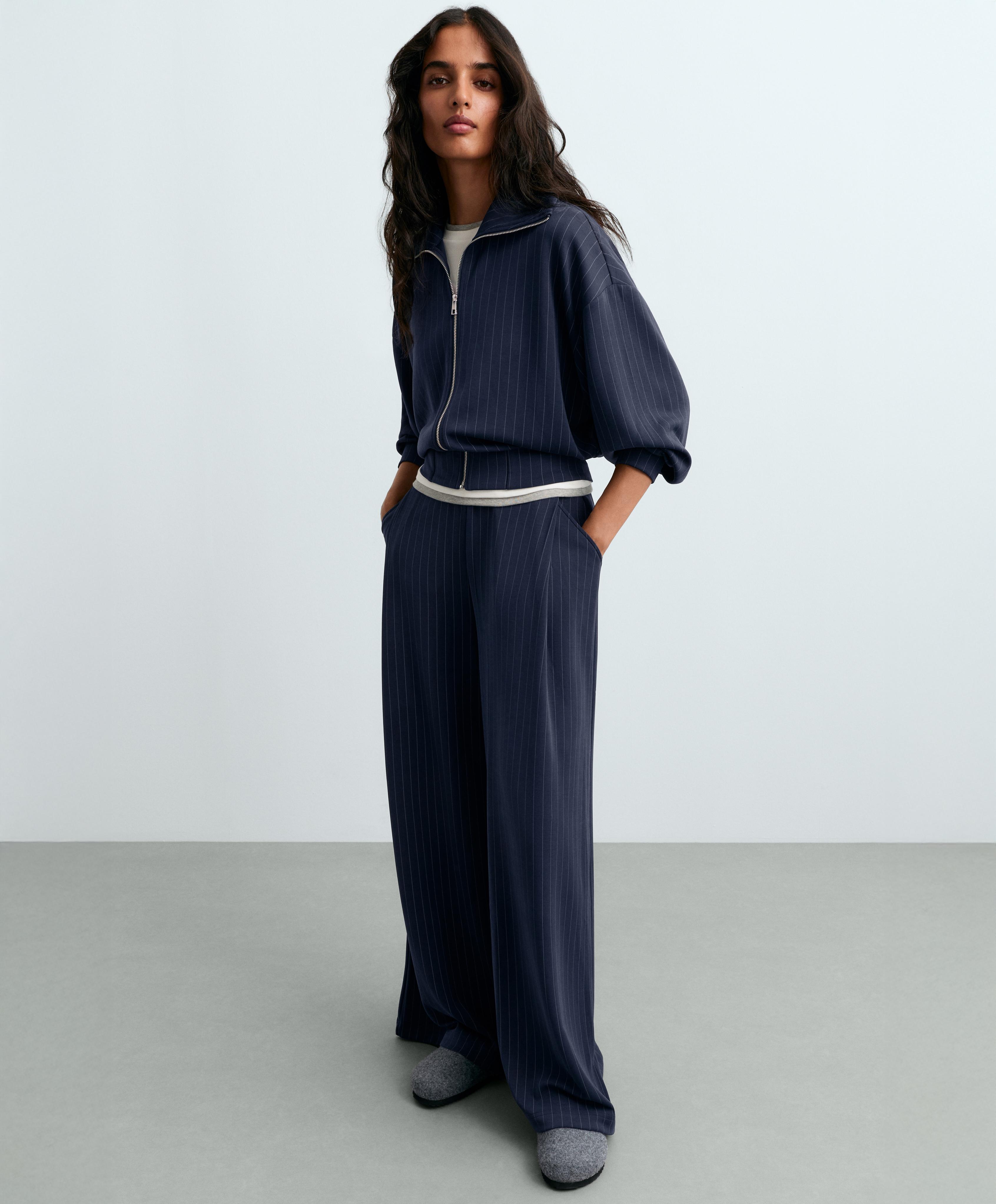 Modal pinstripe wide-leg trousers — NAVY BLUE