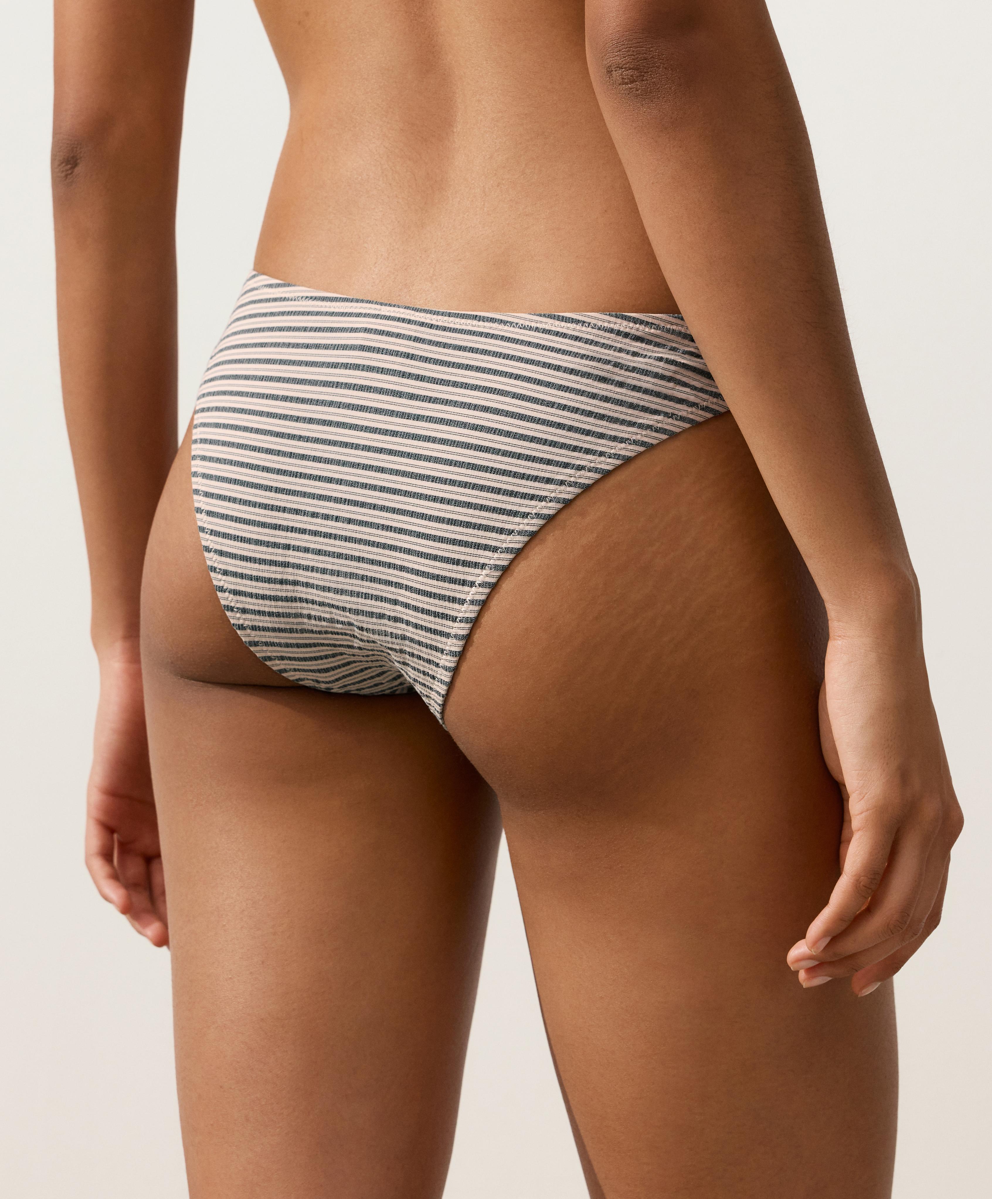Striped U-cut medium-coverage bikini briefs — SAND