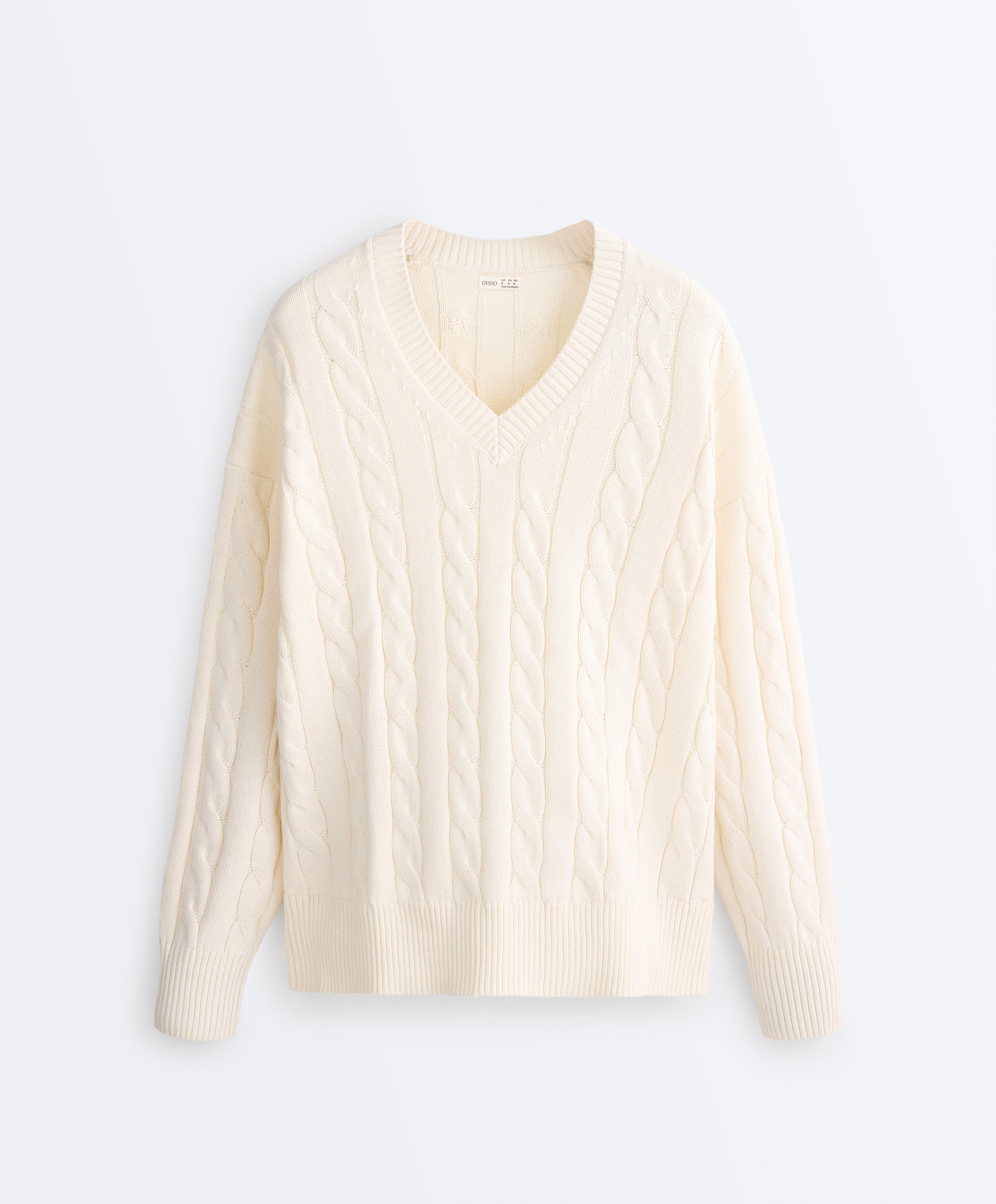 100% cotton cable knit V-neck jumper — PALE ECRU