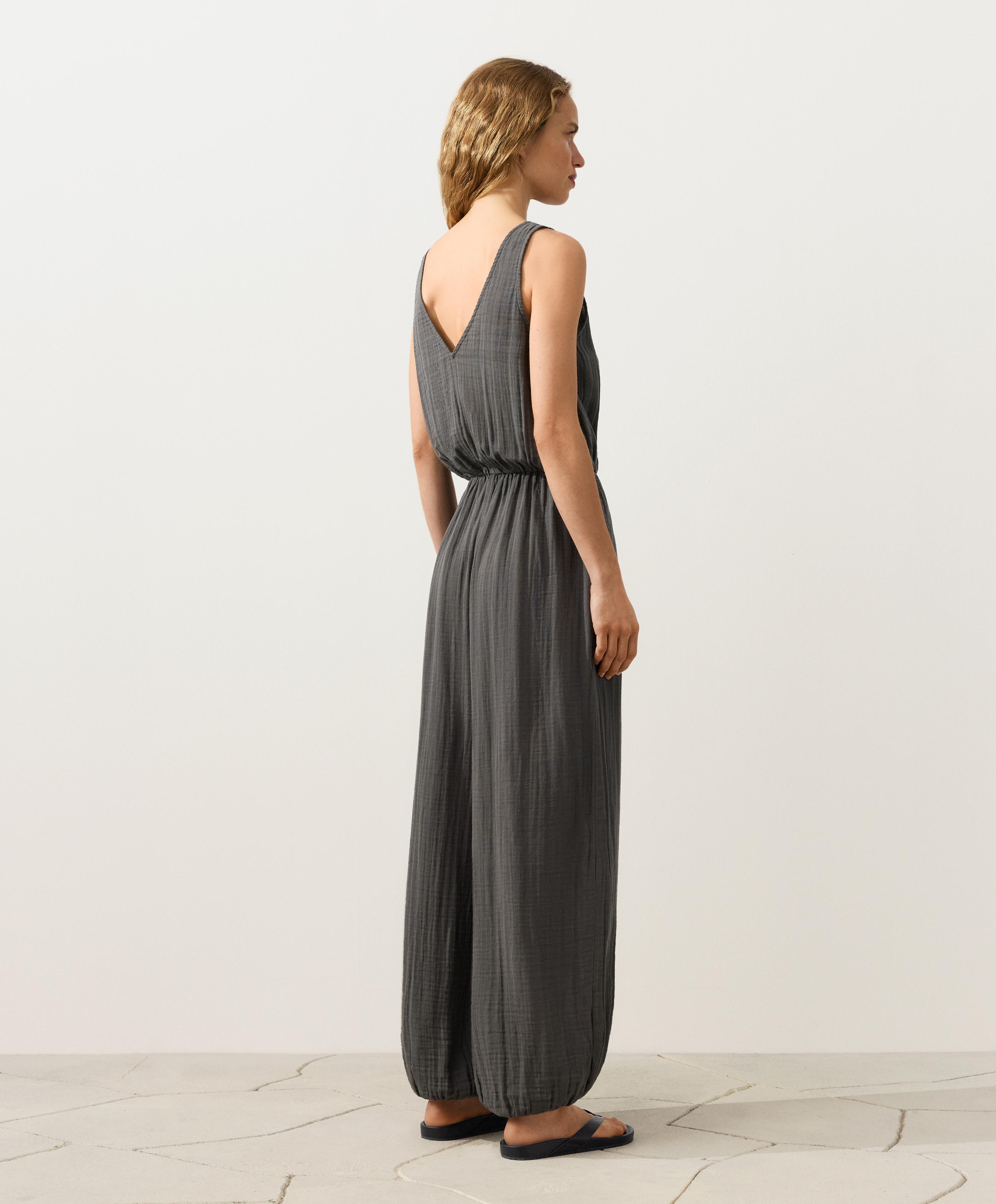 100% cotton crinkle long jumpsuit — ASPHALT