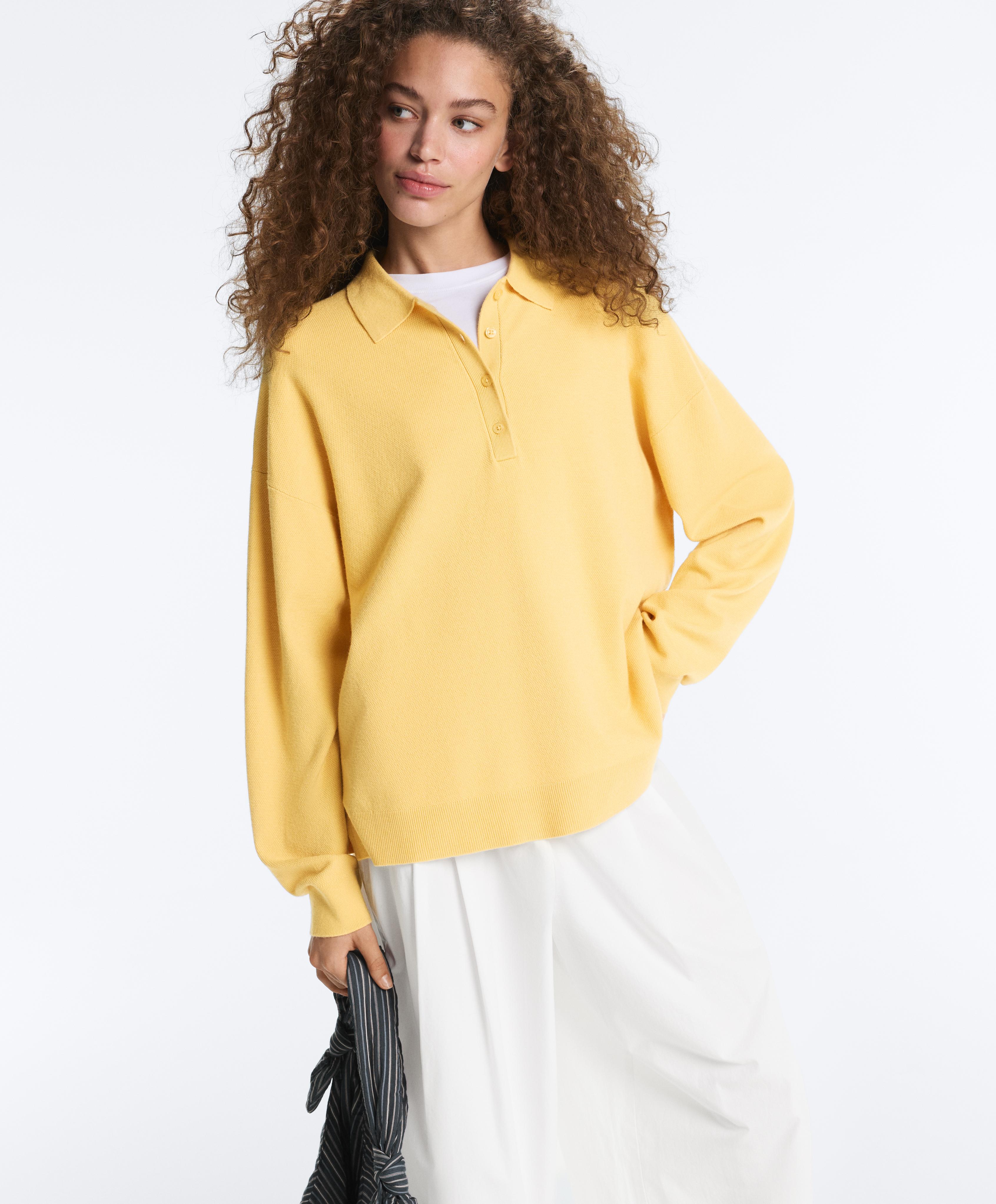 Button-up knit polo shirt — MID-YELLOW