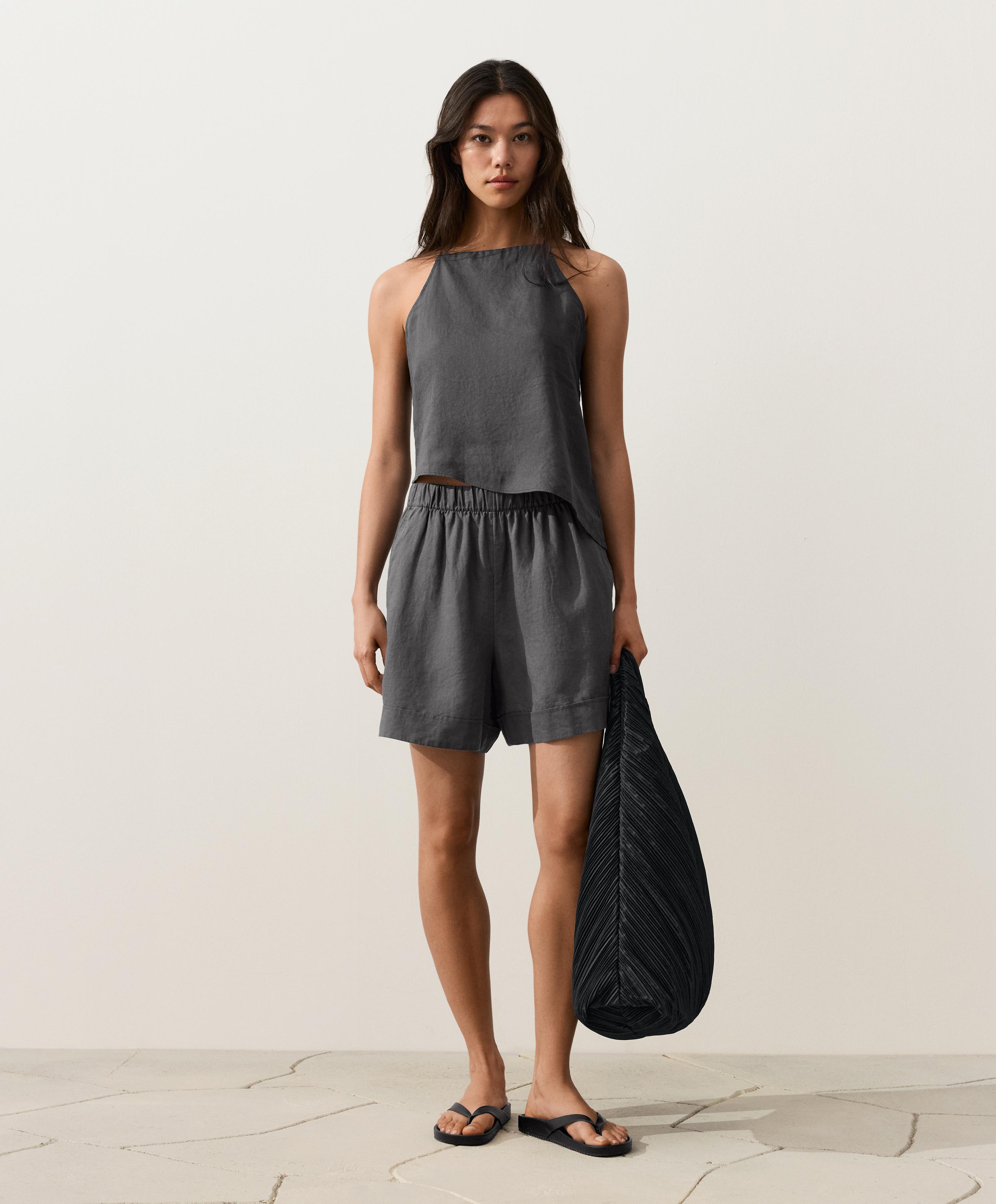 Asymmetric 100% linen sleeveless top — STEEL GREY