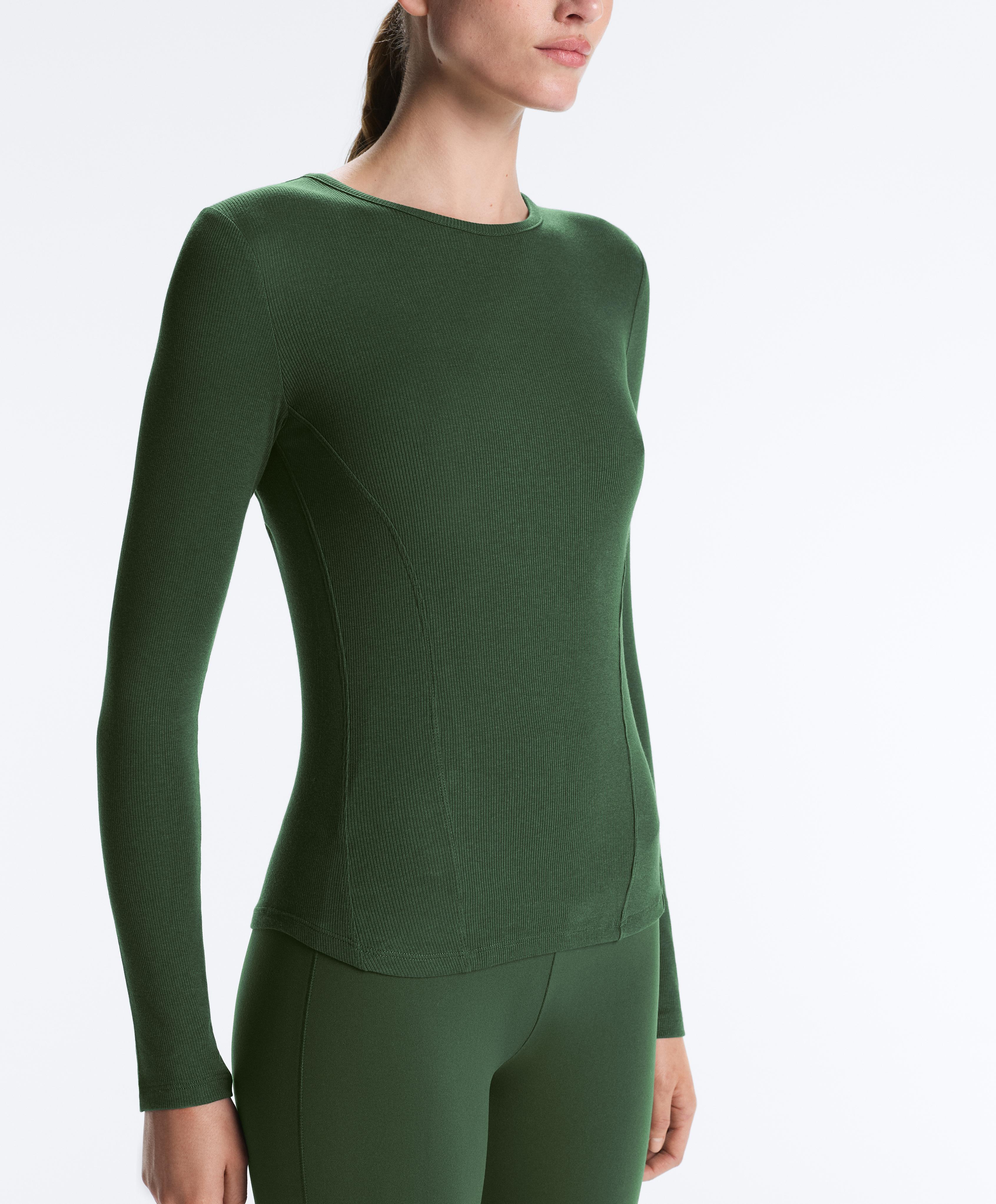 Fitted long sleeve rib T-shirt with cotton and modal — GREEN