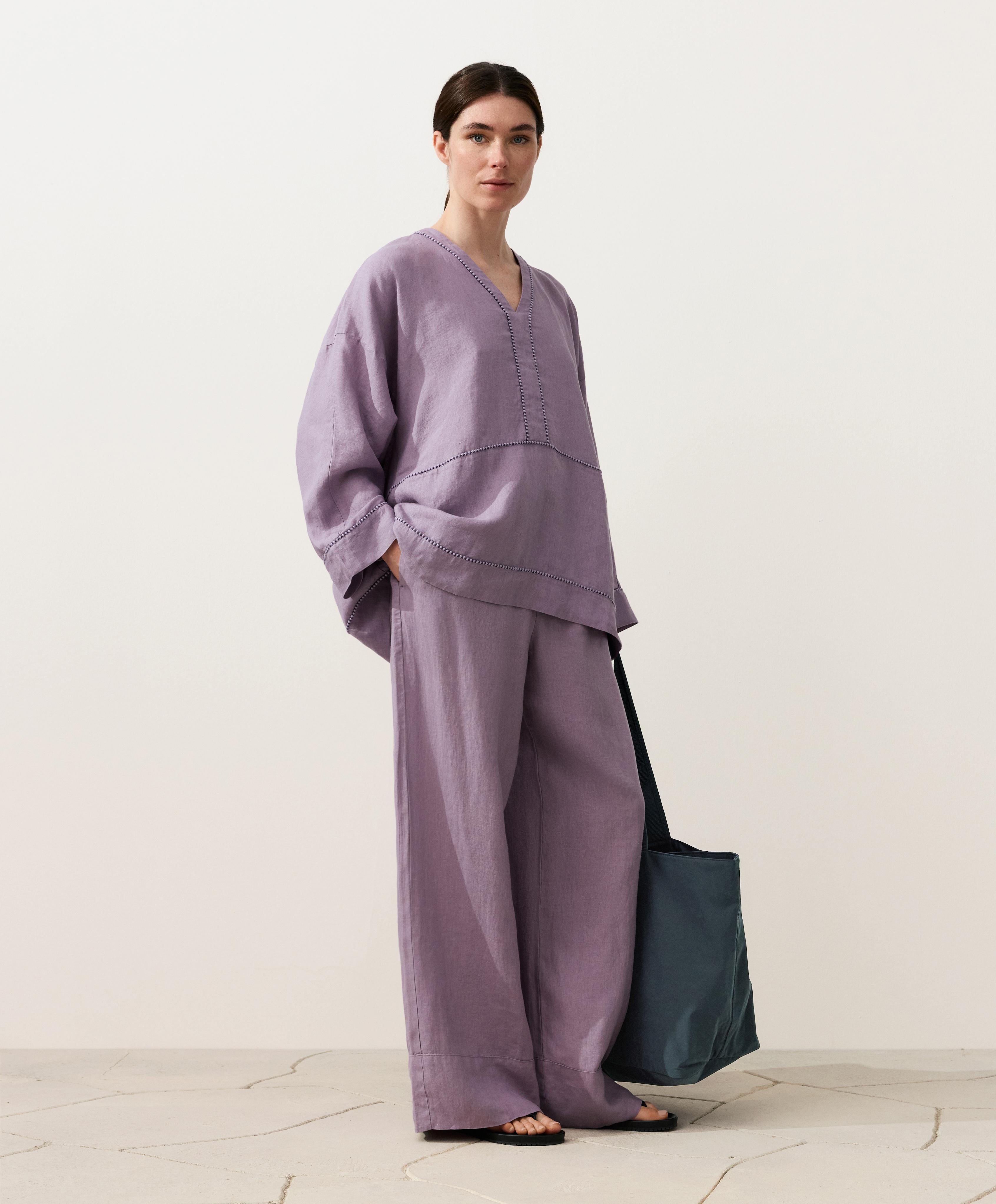 100% linen straight-leg trousers — LILAC
