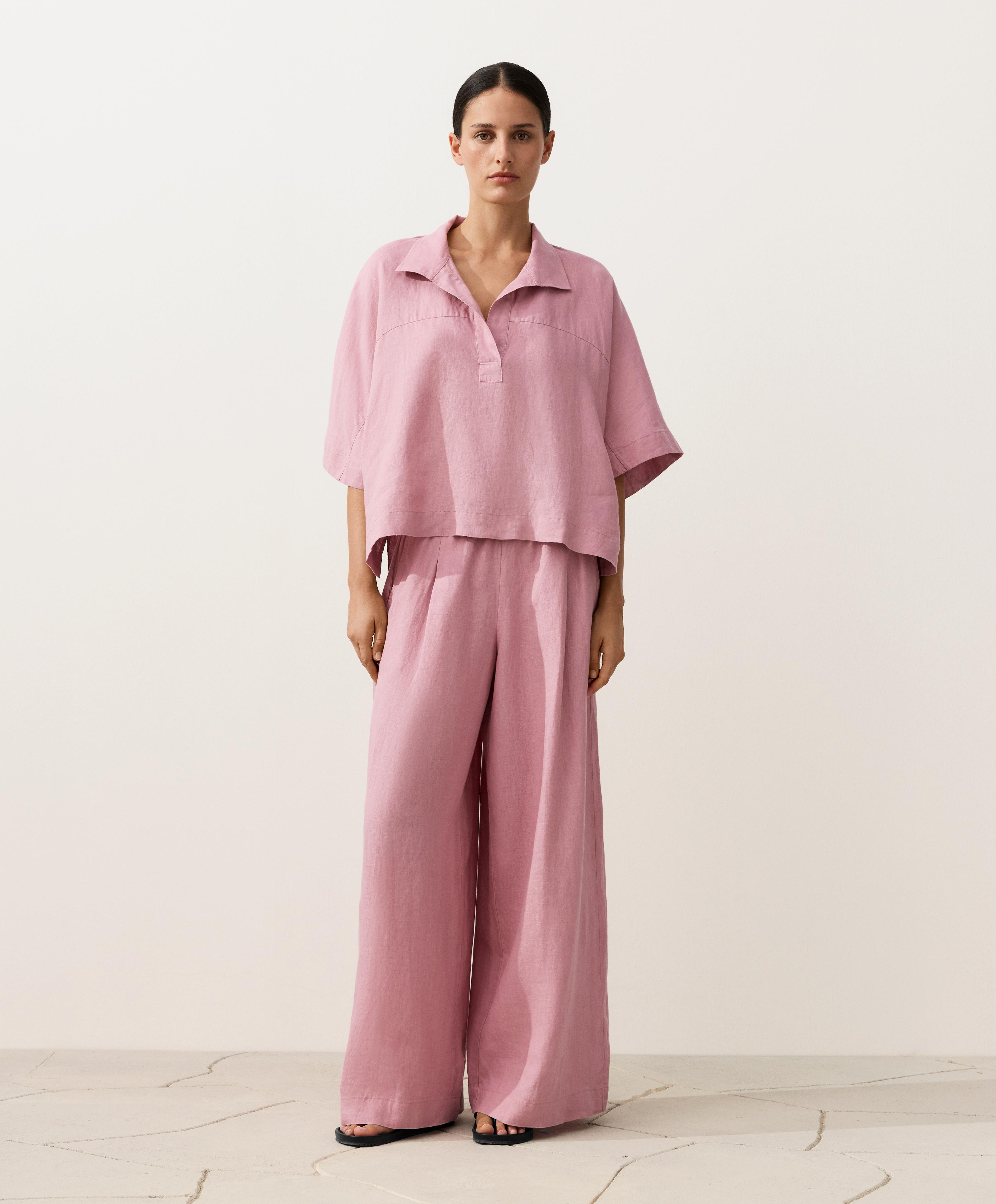 Oversize 100% linen polo shirt — MID-PINK