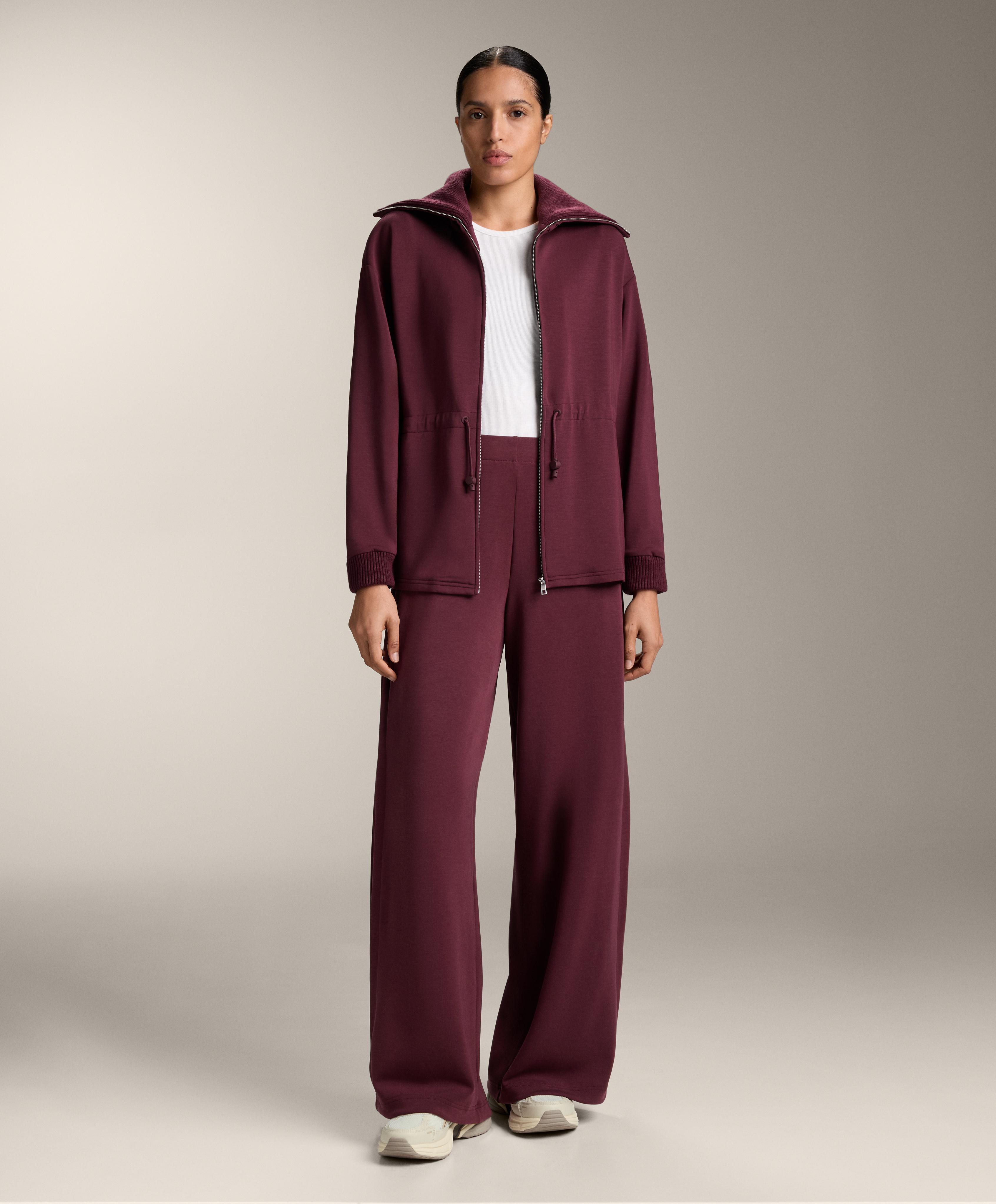 Adjustable waist knit collar jacket with brushed modal — MAROON