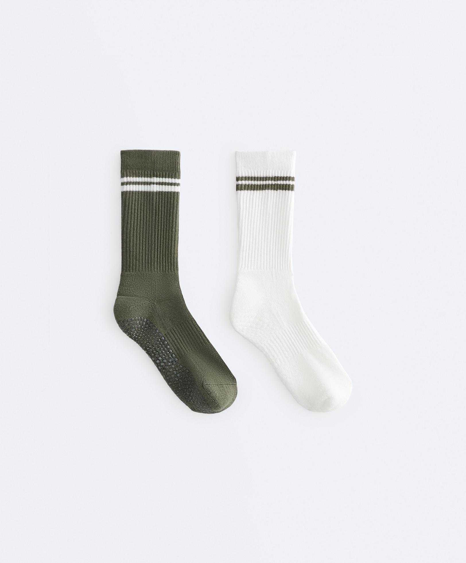 2 pairs of classic cotton blend yoga and Pilates socks — KHAKI