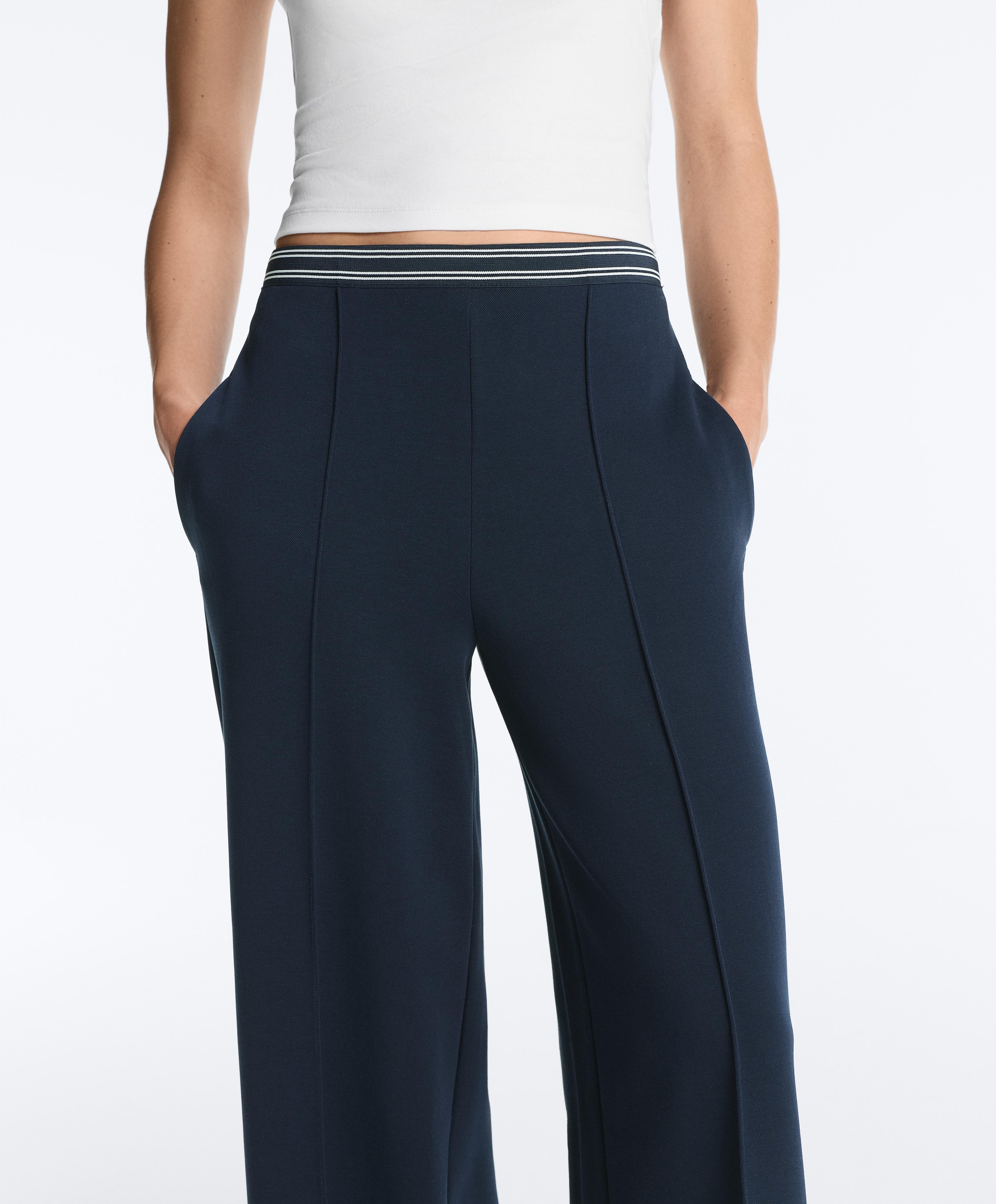 Straight-leg piqué trousers with cotton and contrast Piping — NAVY BLUE