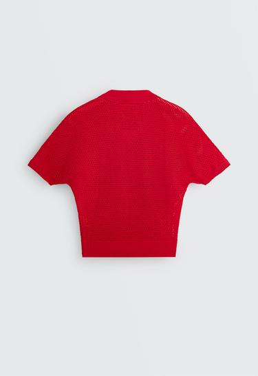 Cotton blend openwork knit polo — BRIGHT RED 7