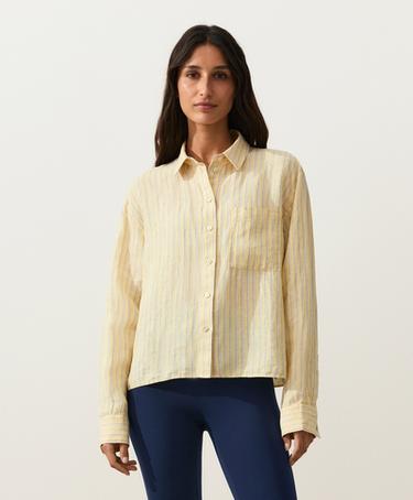 Striped 100% linen cropped shirt — SOFT YELLOW 1
