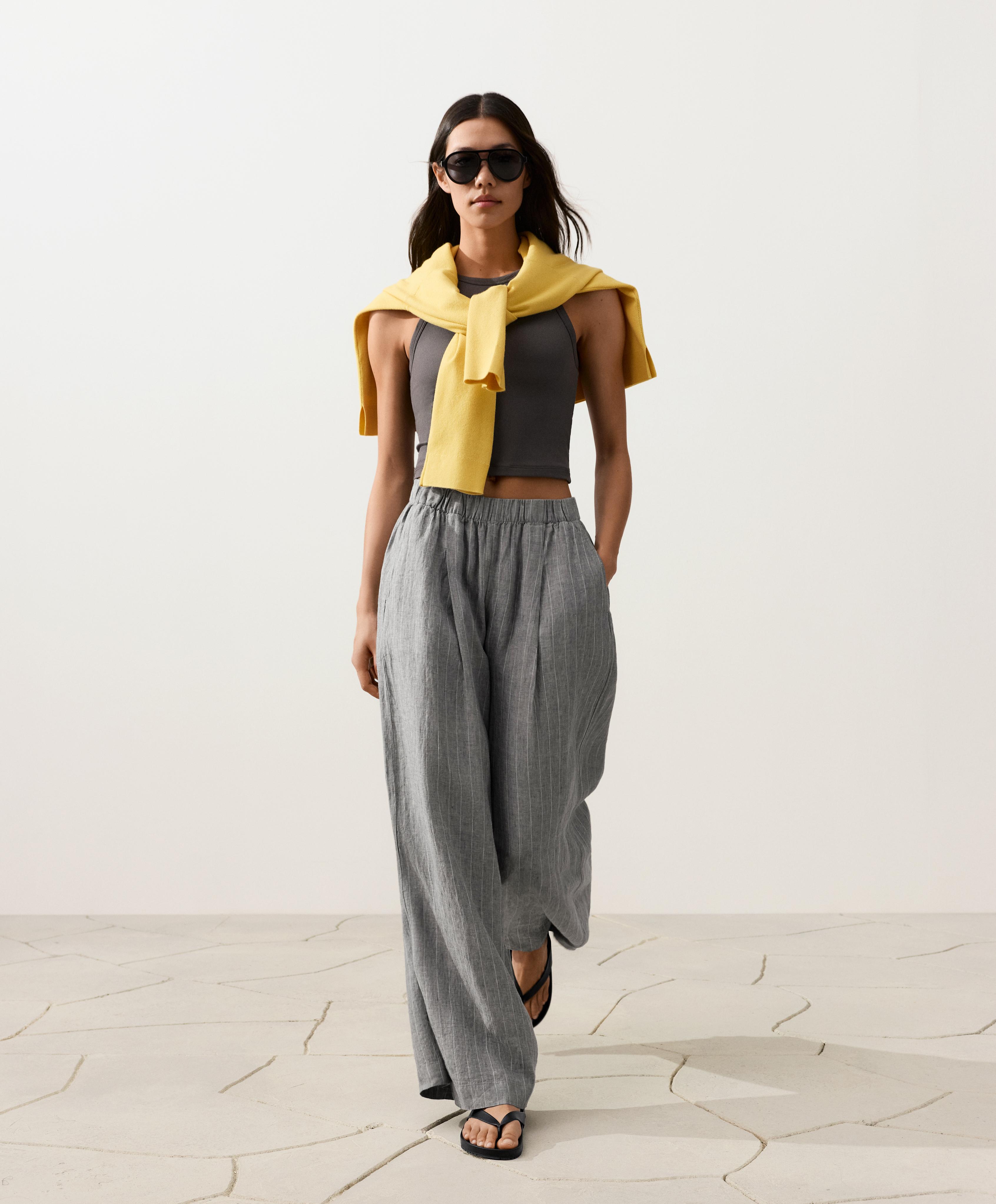 100% linen wide-leg striped trousers — MID GREY