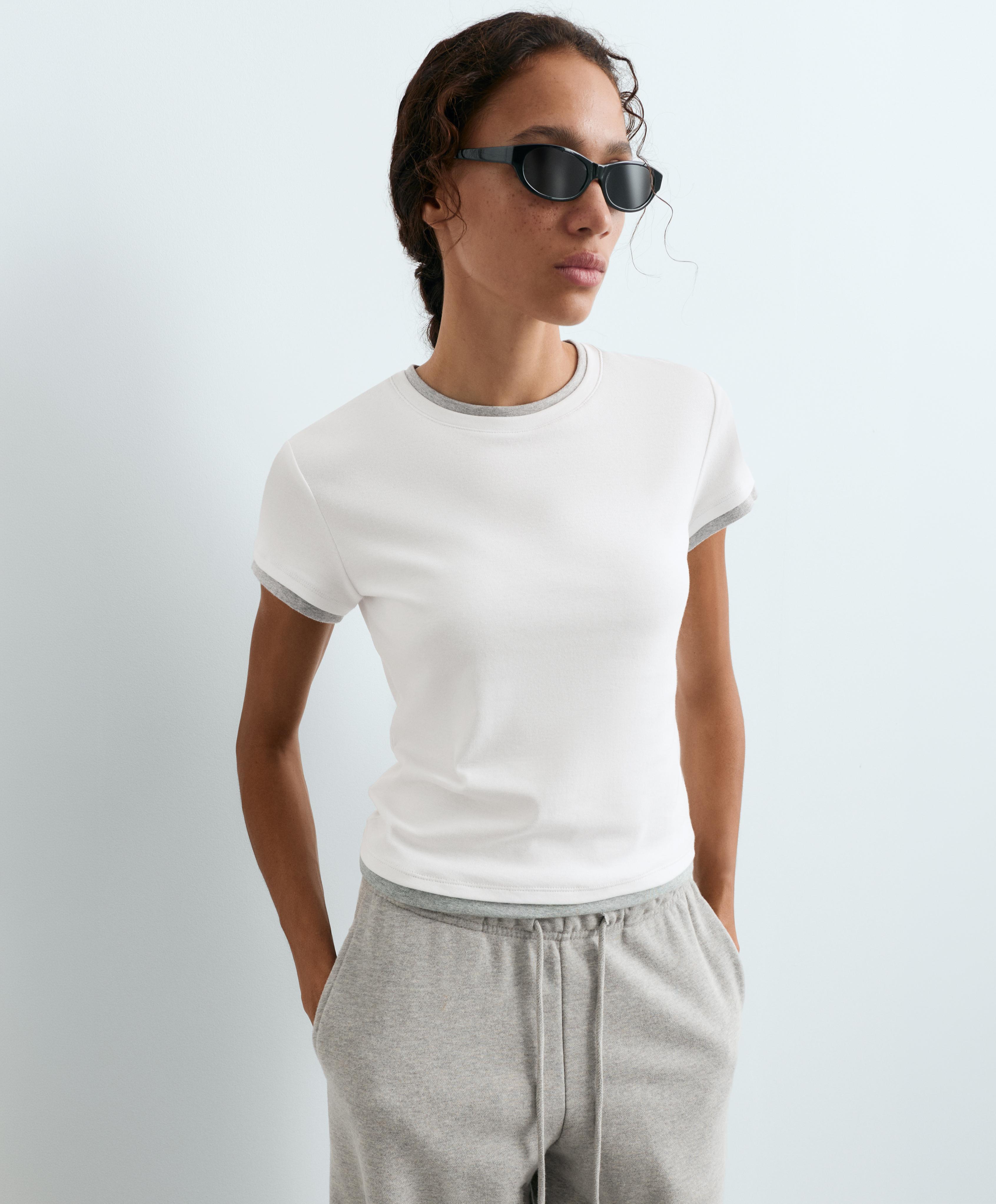 Cotton blend double rib effect short sleeve T-shirt — WHITE 