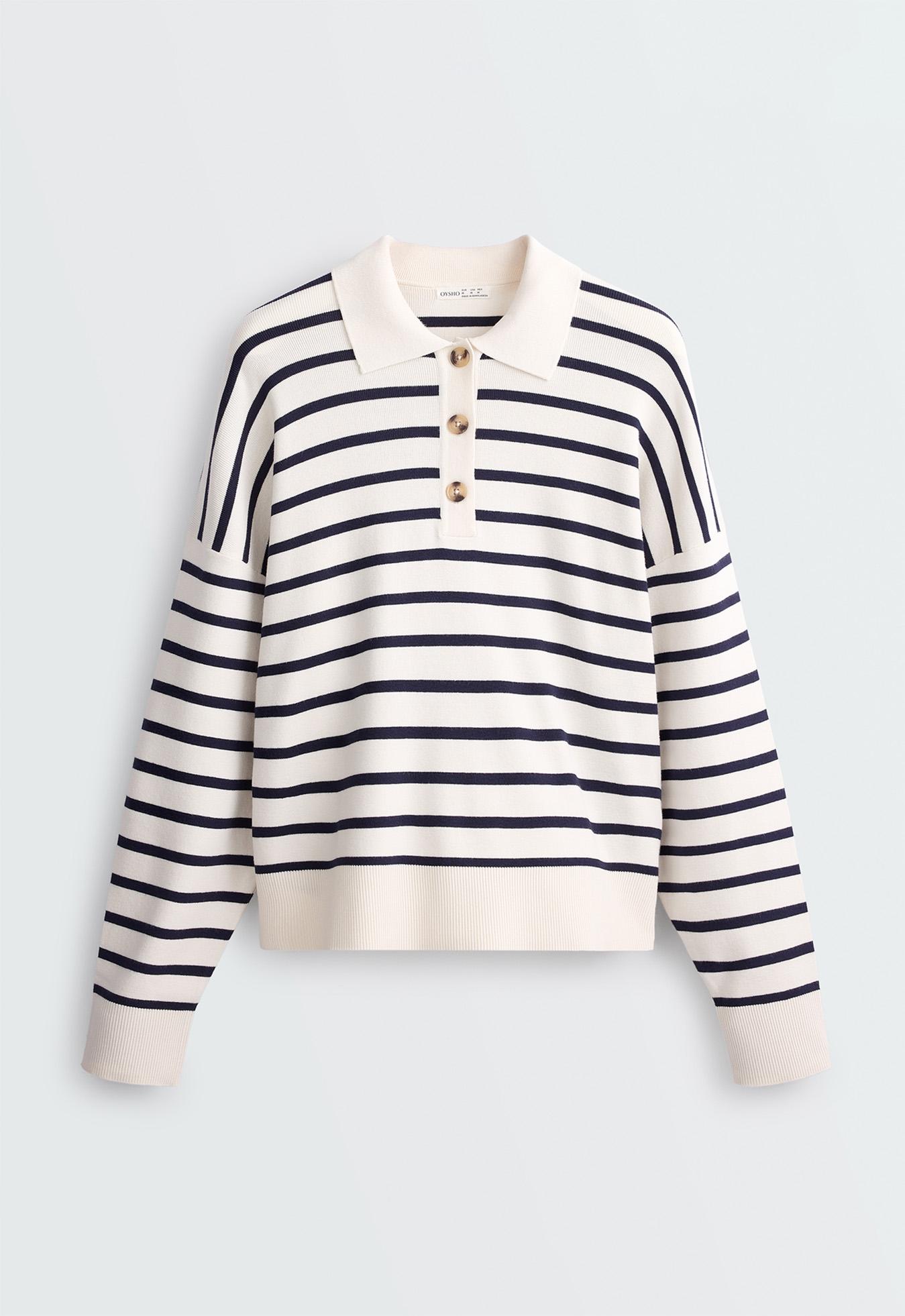 Striped knit polo jumper — PALE ECRU