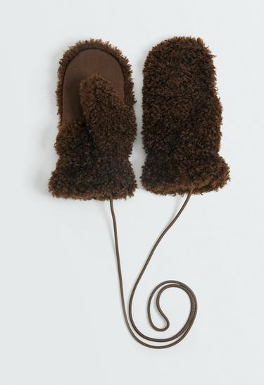 Faux-shearling-effect mittens — CHOCOLATE       1