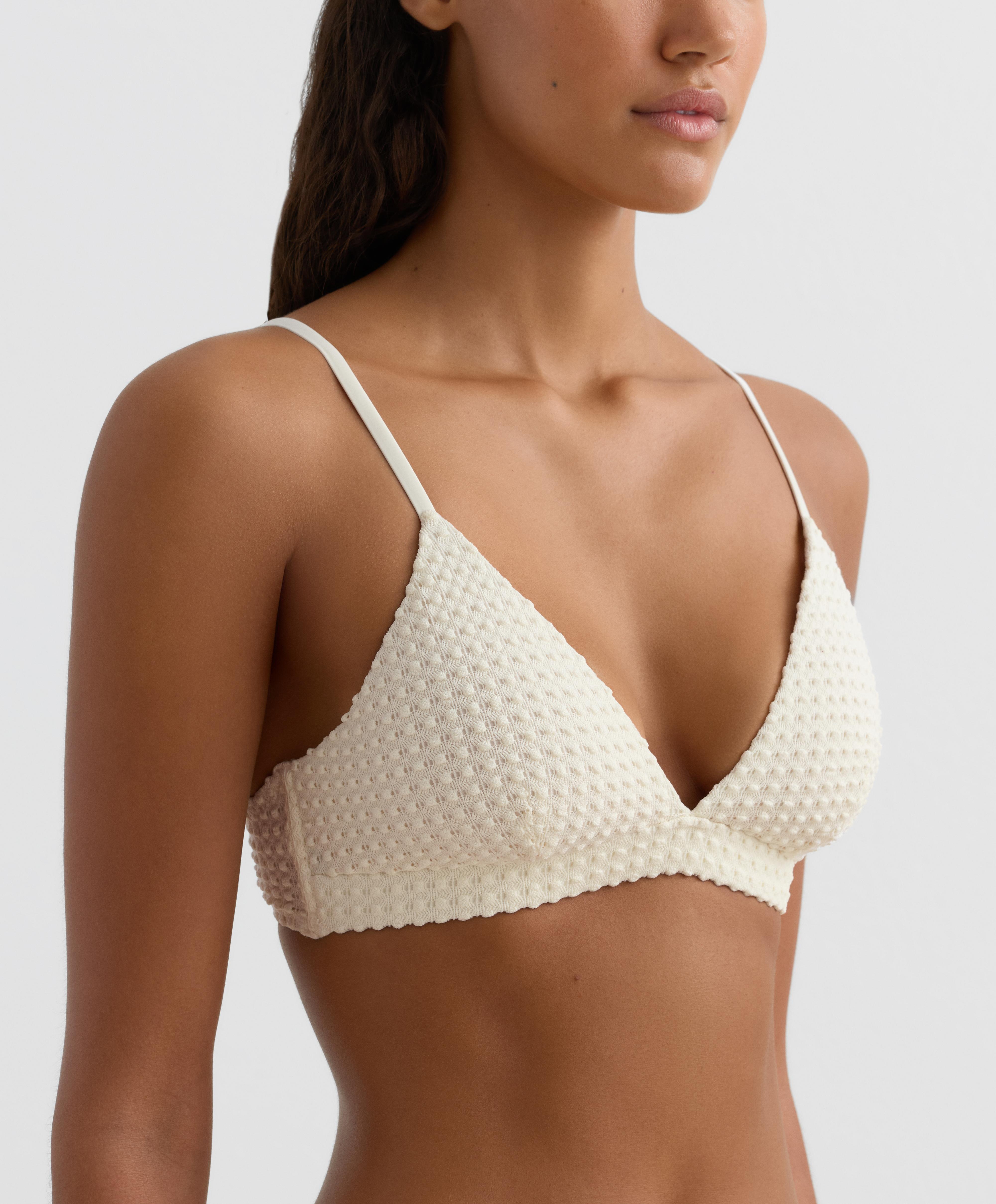 Bubble-texture crochet triangle bikini top — ECRU