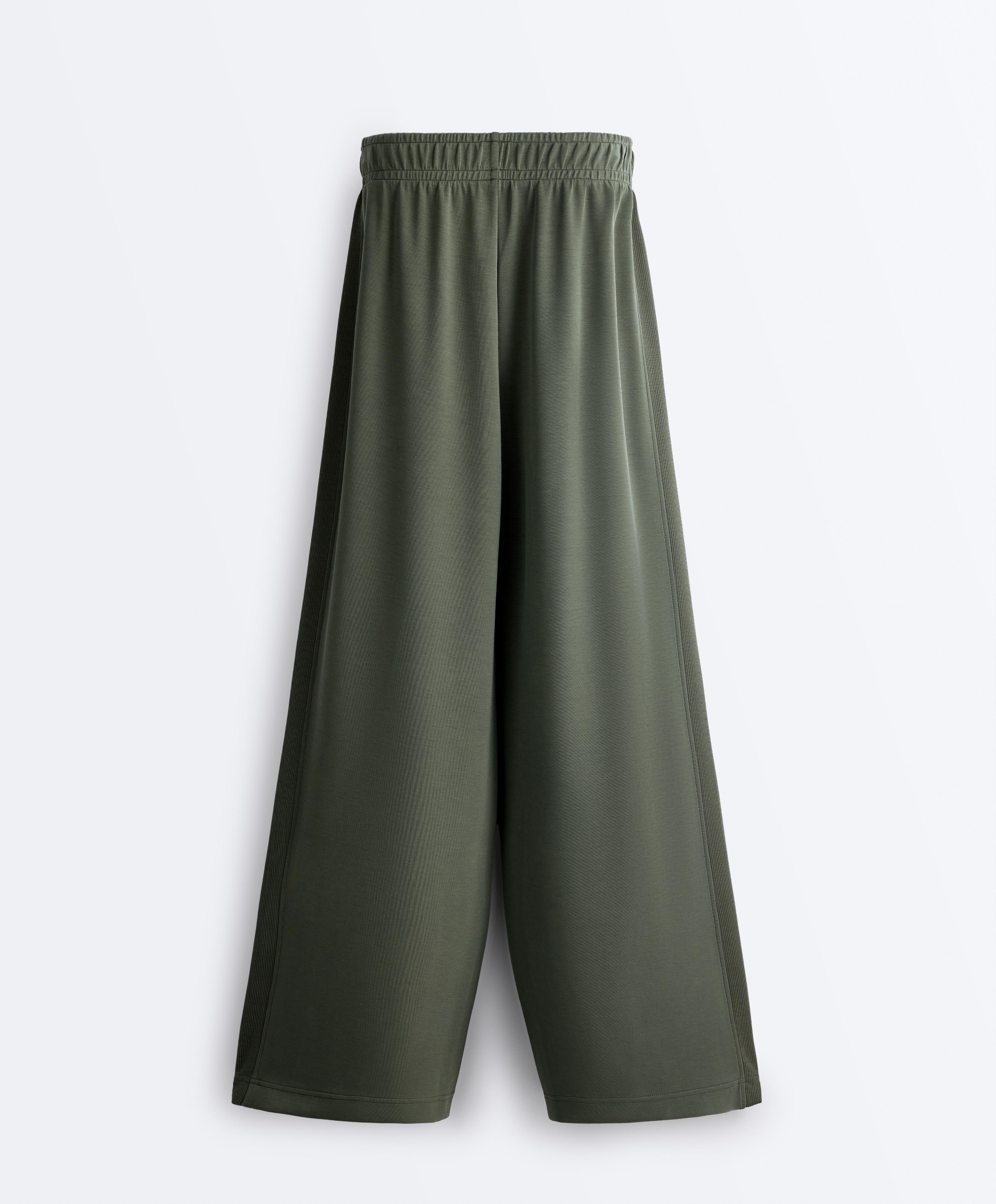 Soft-touch modal wide straight-leg rib trousers — KHAKI