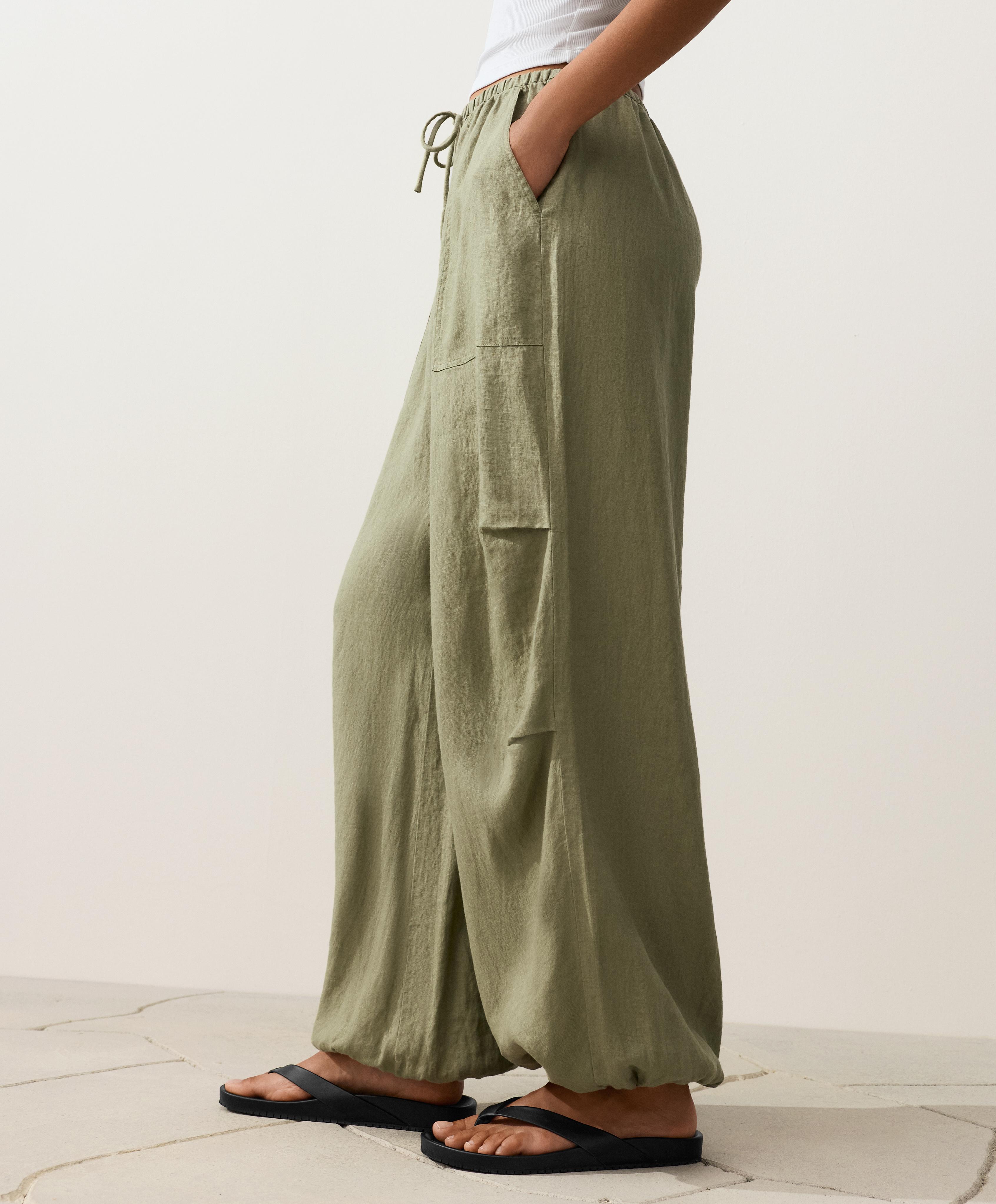 100% linen cargo bloomer trousers — YELLOW GREEN