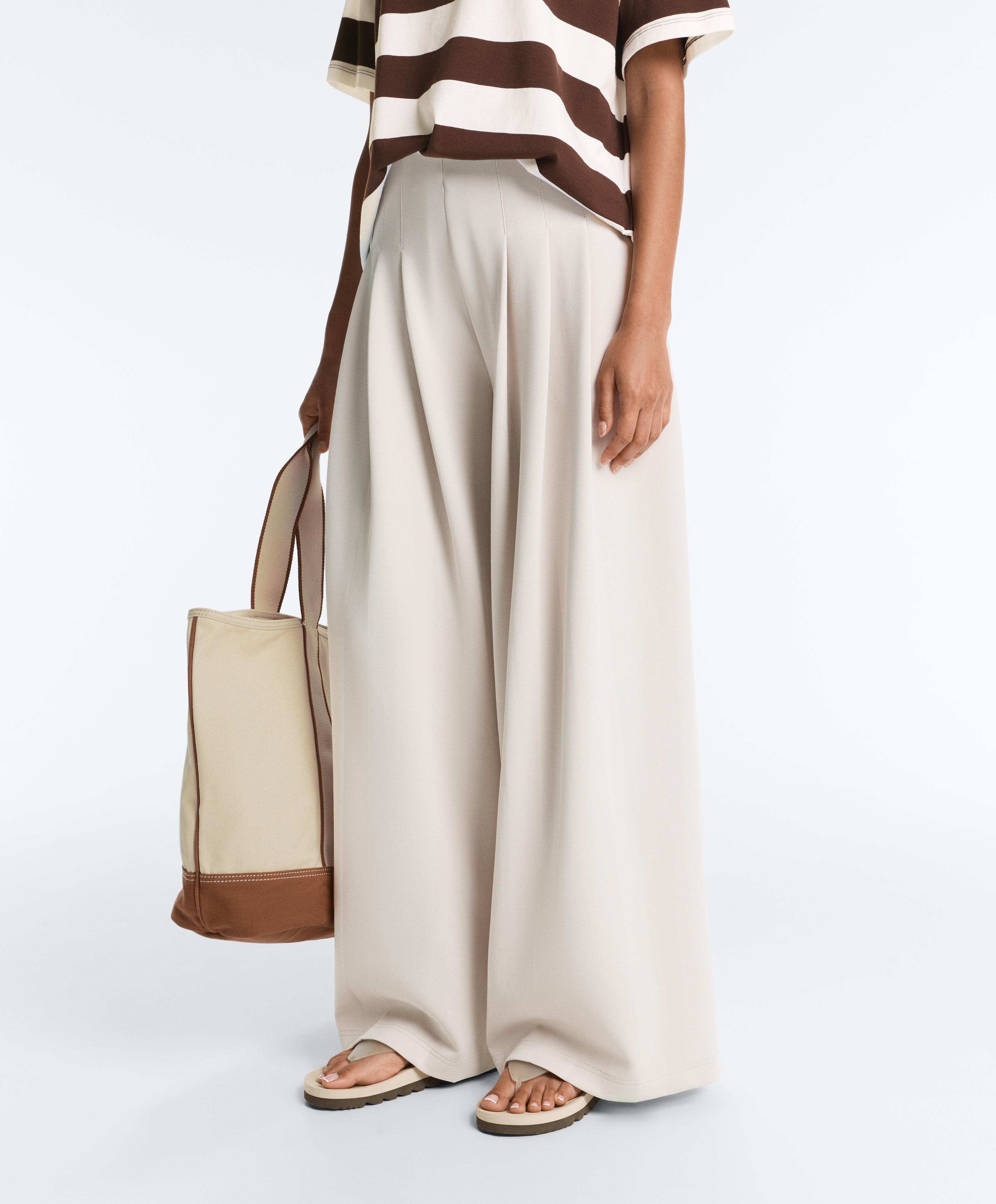 Cotton wide-leg pique trousers with pleats — PALE MINK