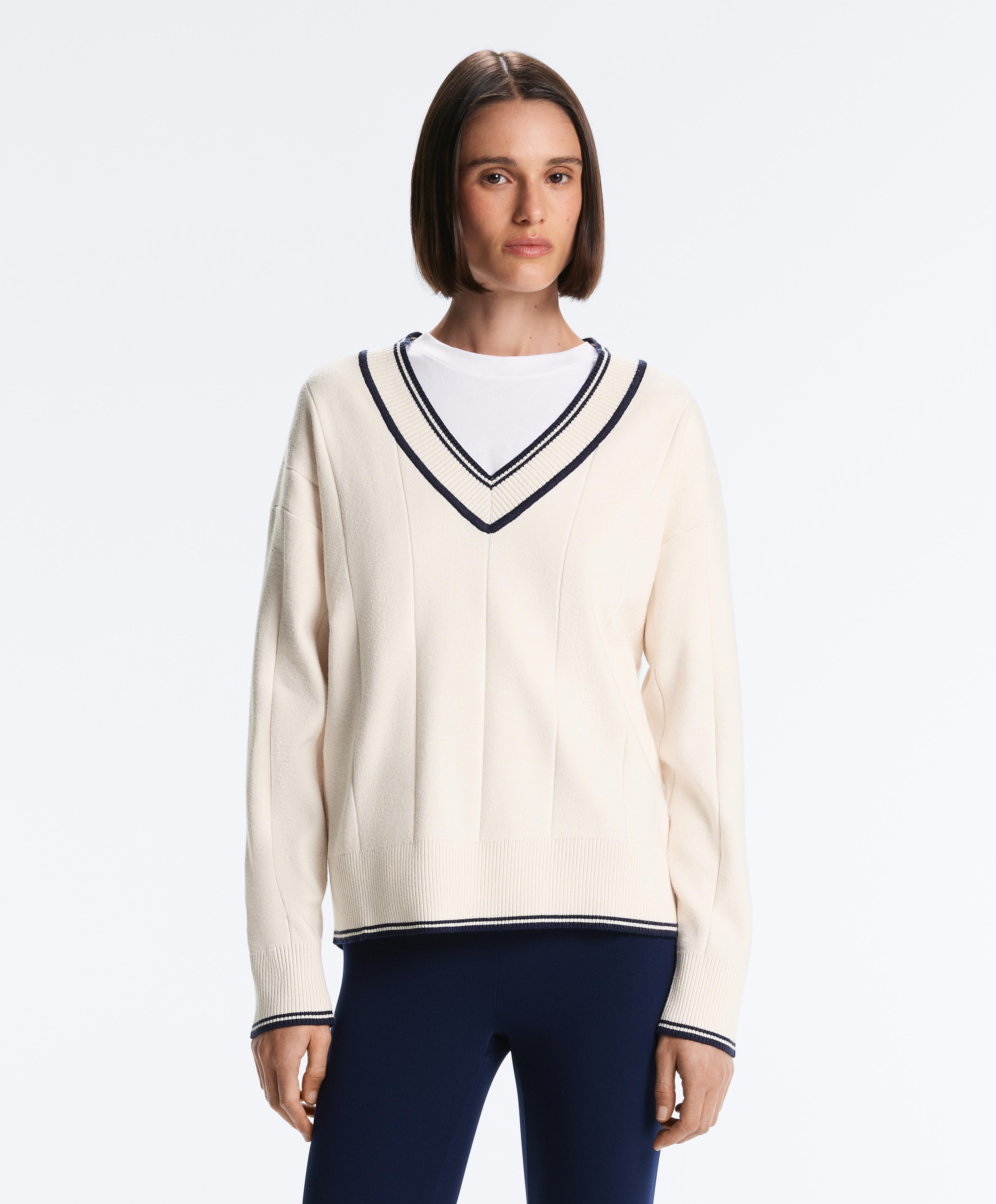 Contrast V-neck knit jumper — PALE ECRU