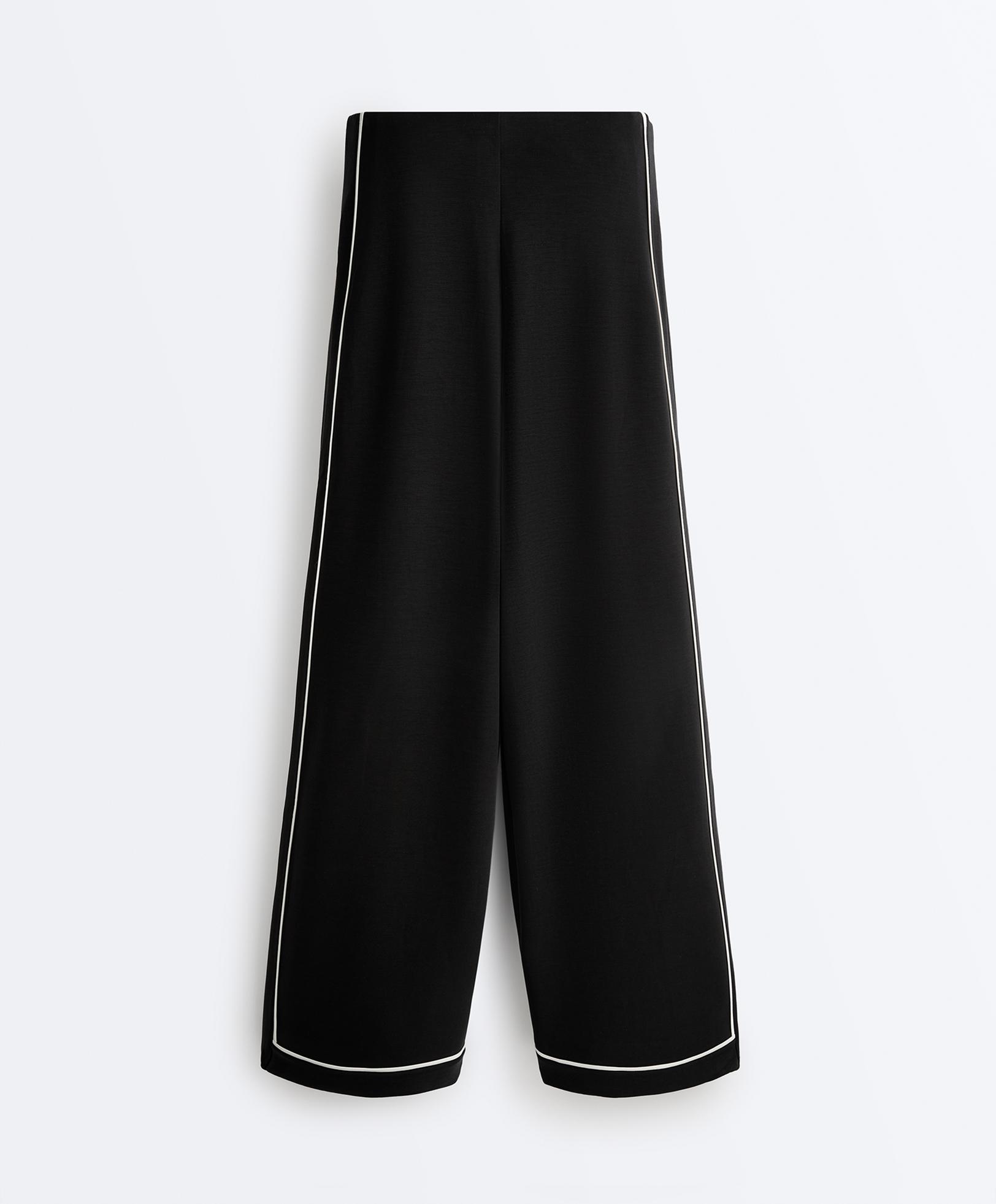 Soft-touch modal wide-leg trousers with contrast piping — BLACK