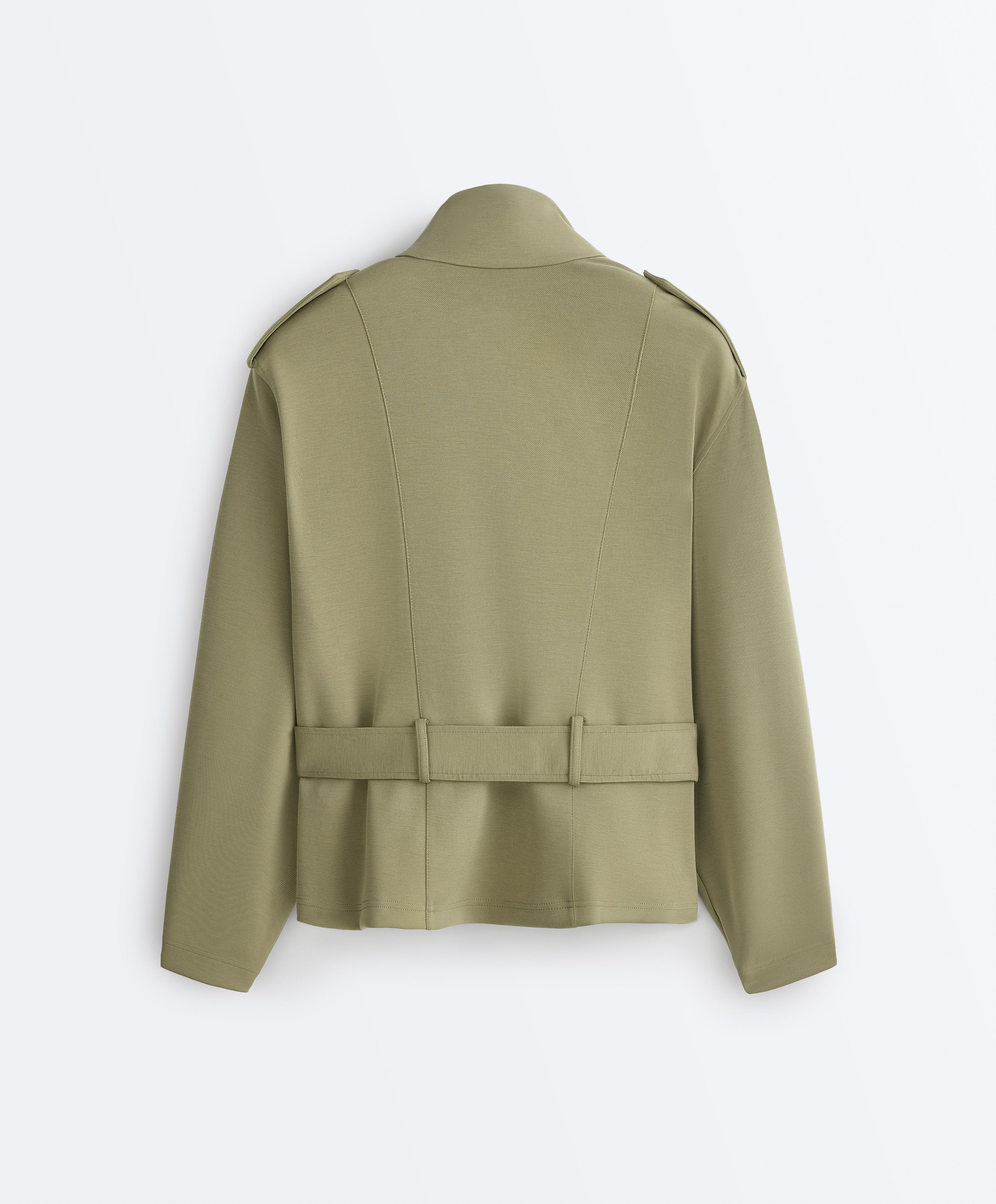 Cropped piqué utility jacket with belt — YELLOW GREEN
