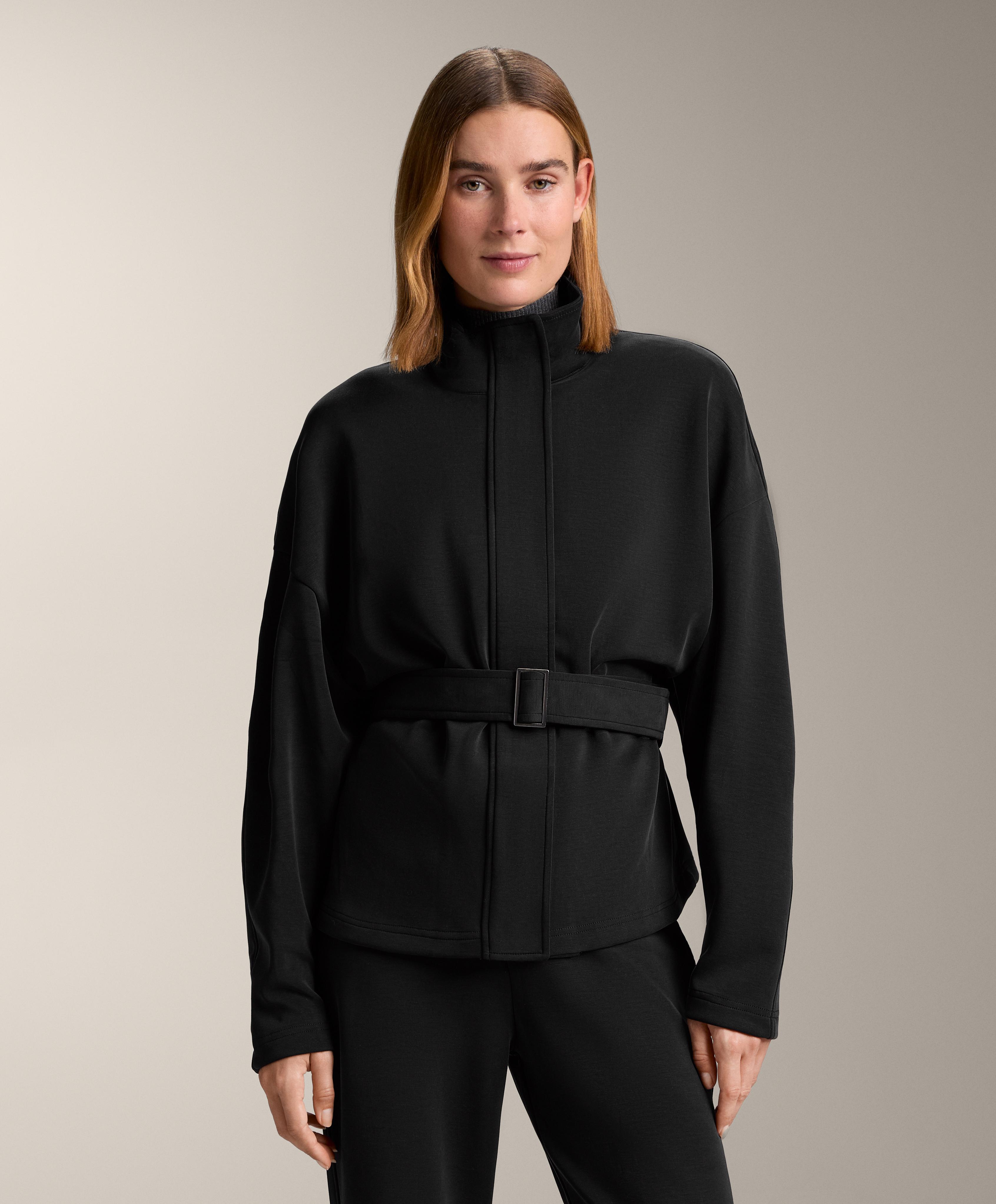 Long belted jacket with brushed modal — BLACK
