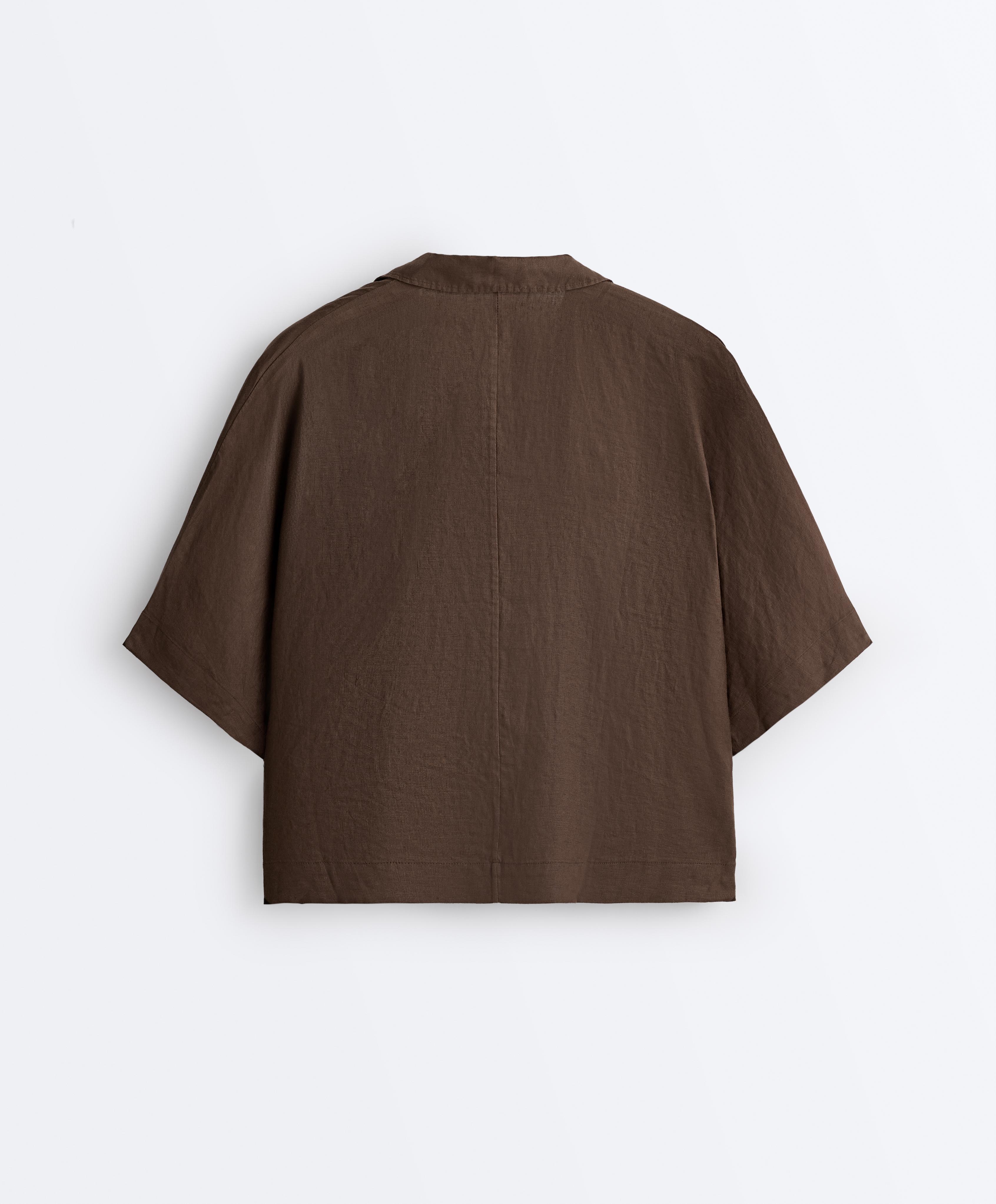 Oversize short-sleeve 100% linen polo shirt — DARK BROWN