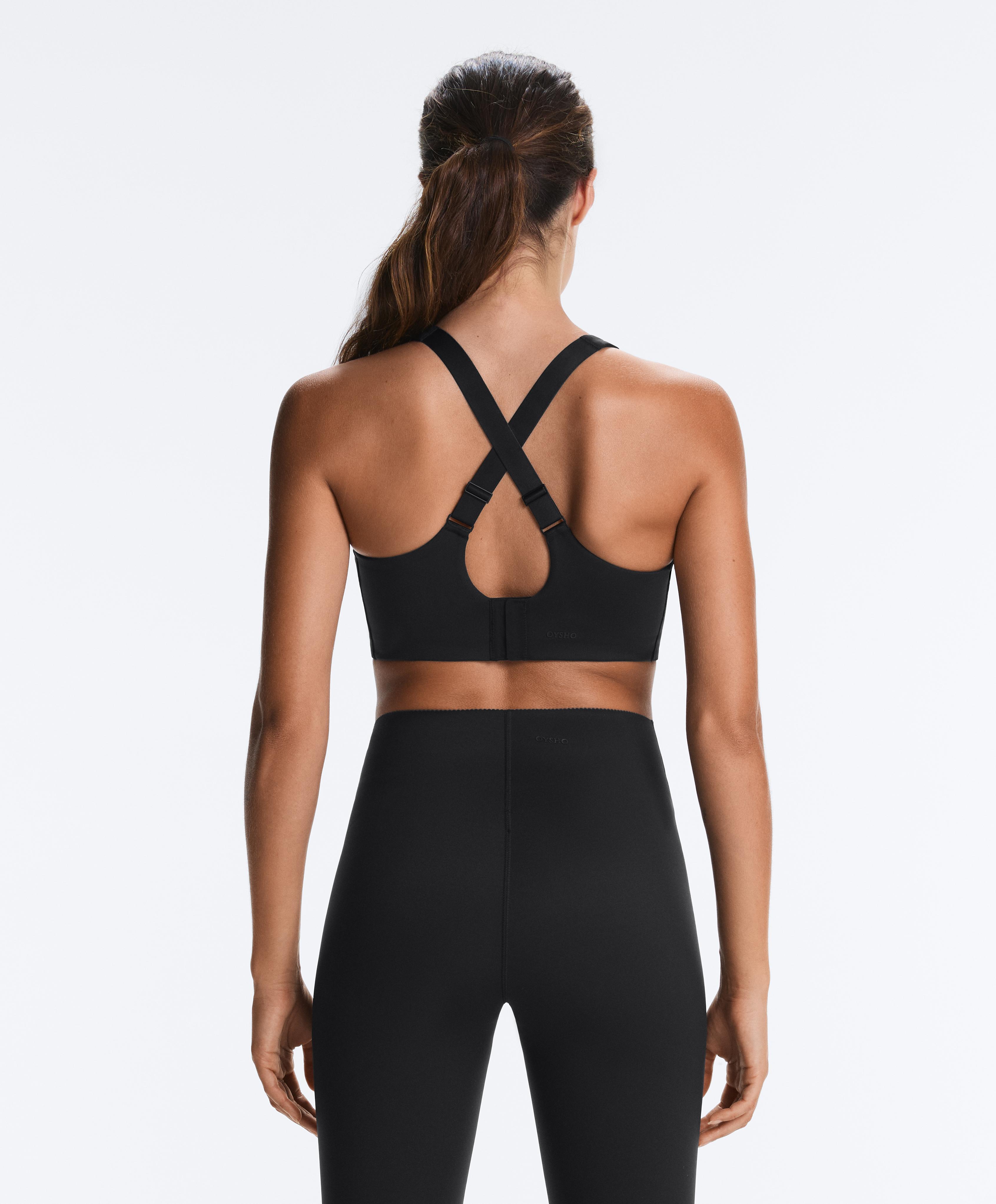 High-support Compressive sports bra with crossover back — BLACK