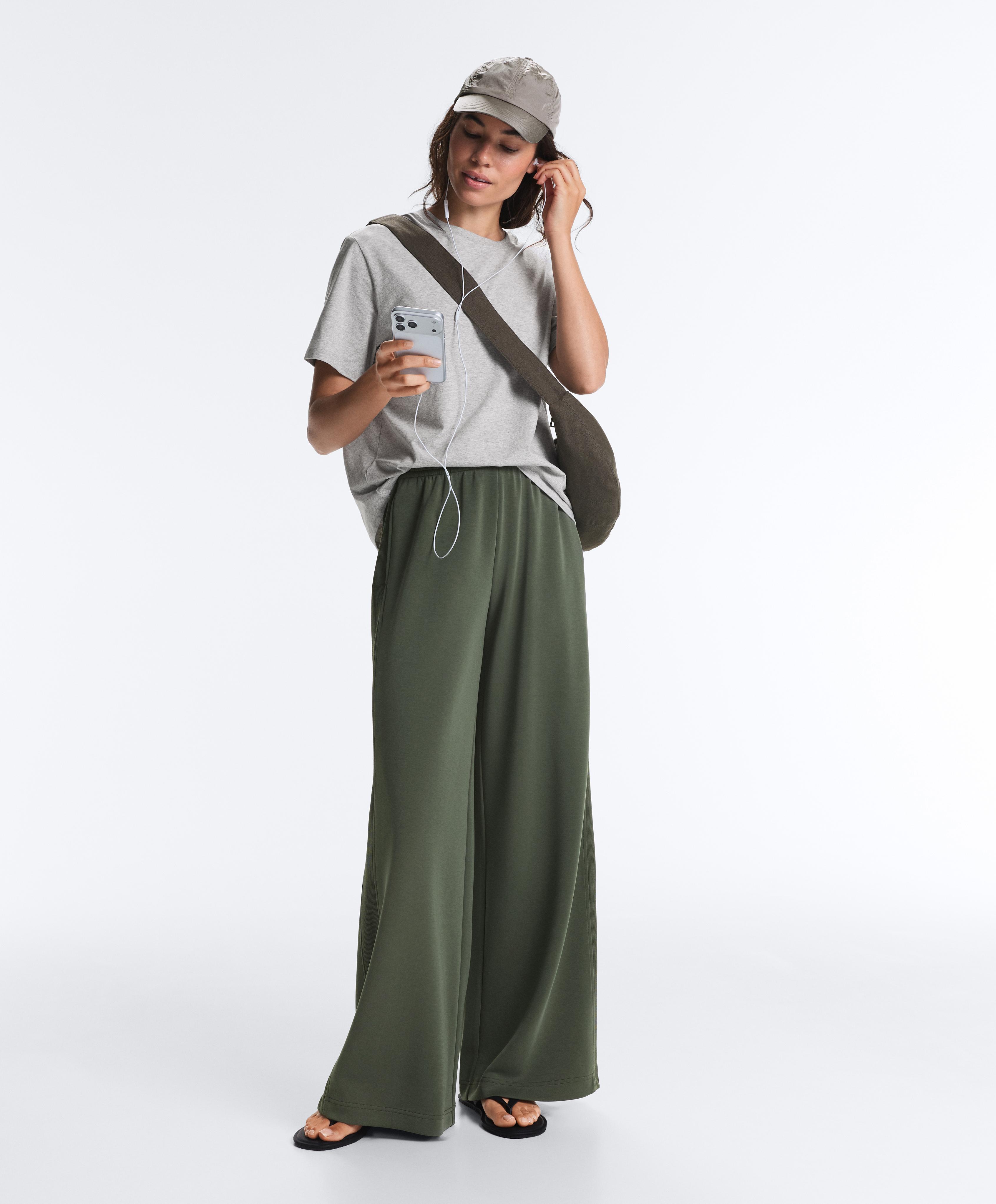 Soft-touch modal wide straight-leg rib trousers — KHAKI