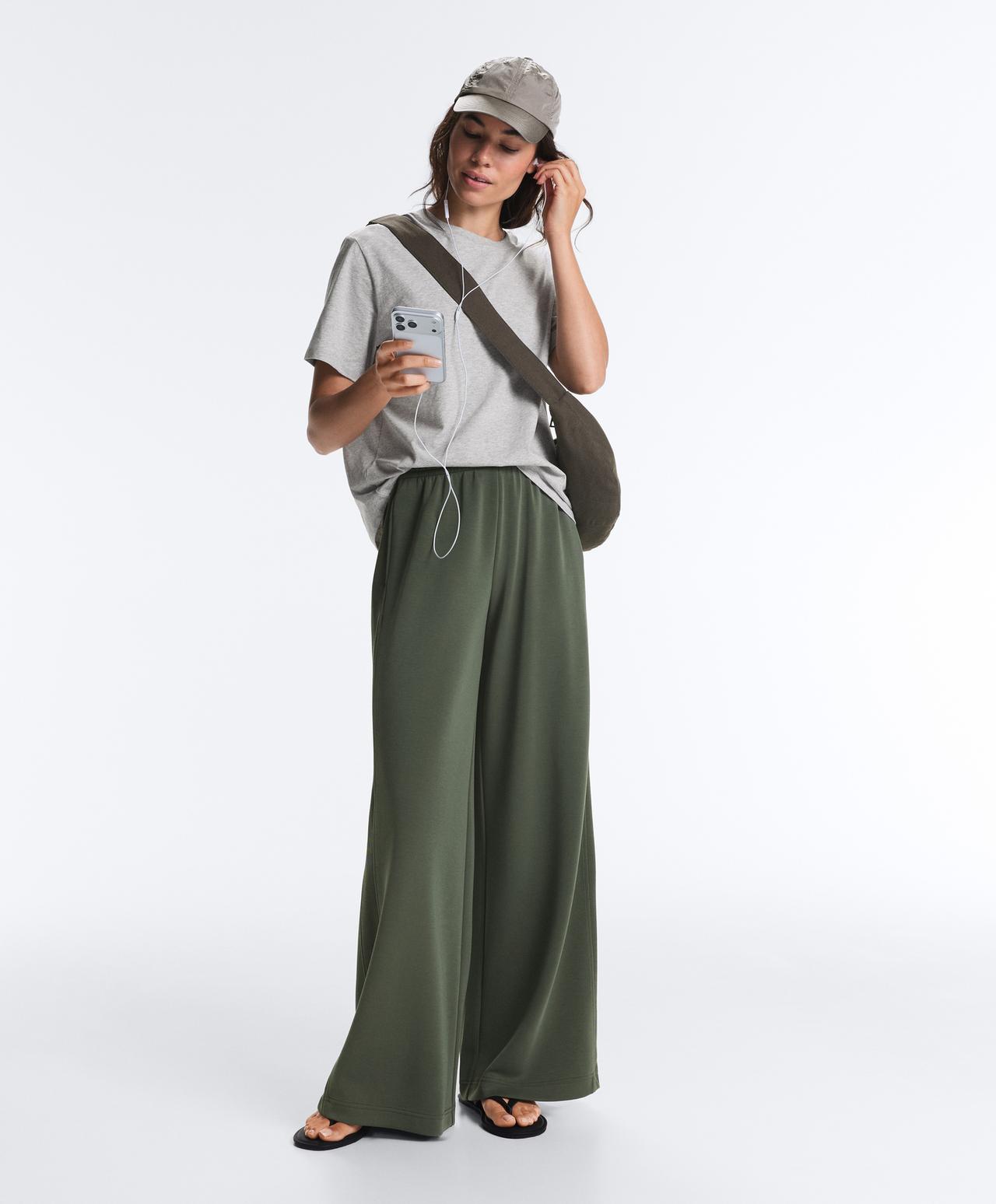 Soft-touch modal wide straight-leg rib trousers — KHAKI
