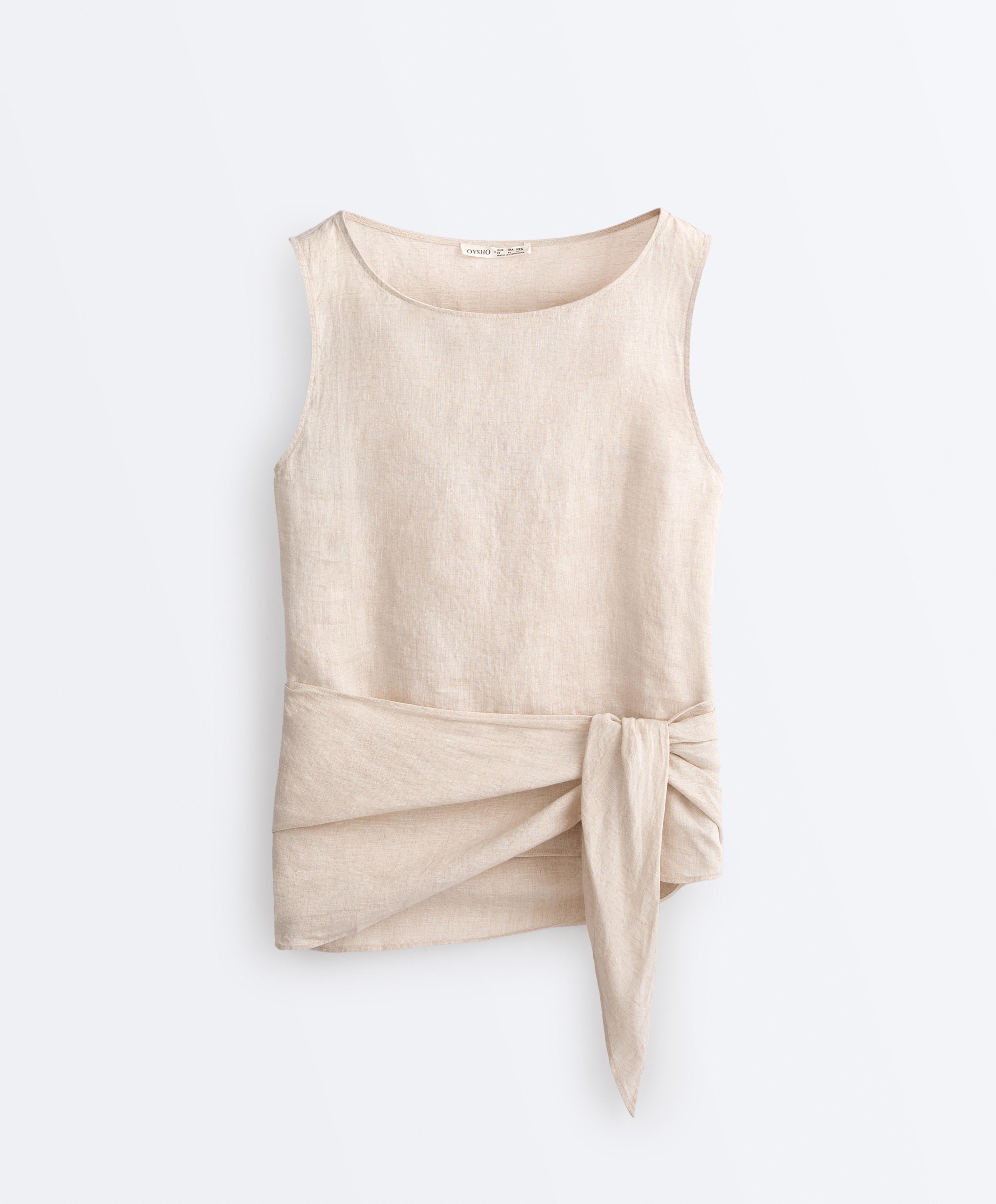 Sleeveless top with 100% linen scarf — SAND MELANGE