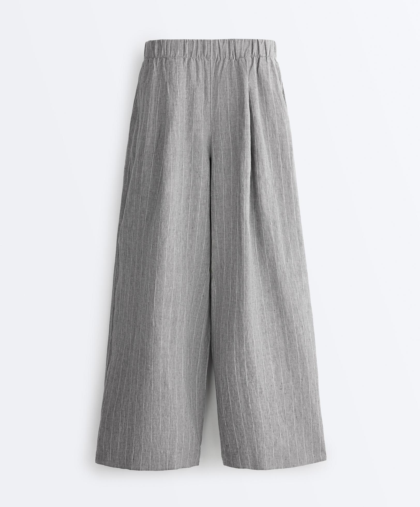 100% linen wide-leg striped trousers — MID GREY