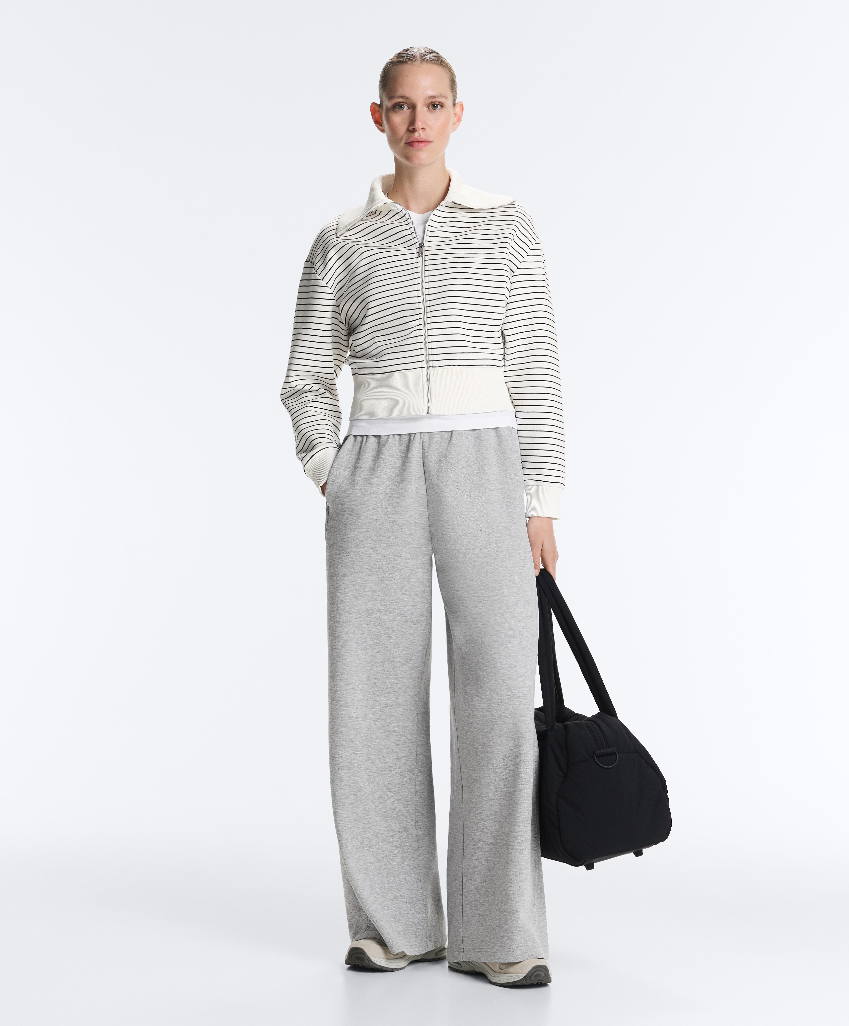 Striped rib neck jacket with cotton — PALE ECRU