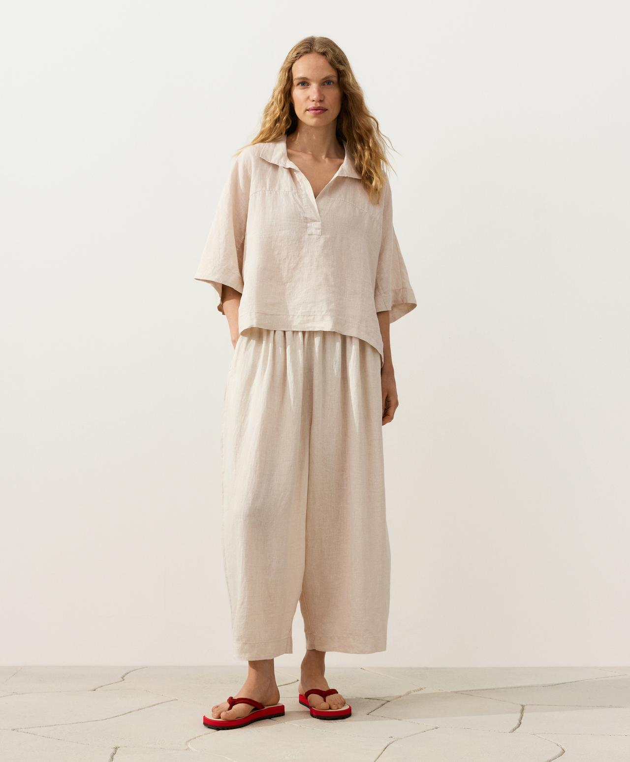Oversize 100% linen polo shirt — SAND MELANGE