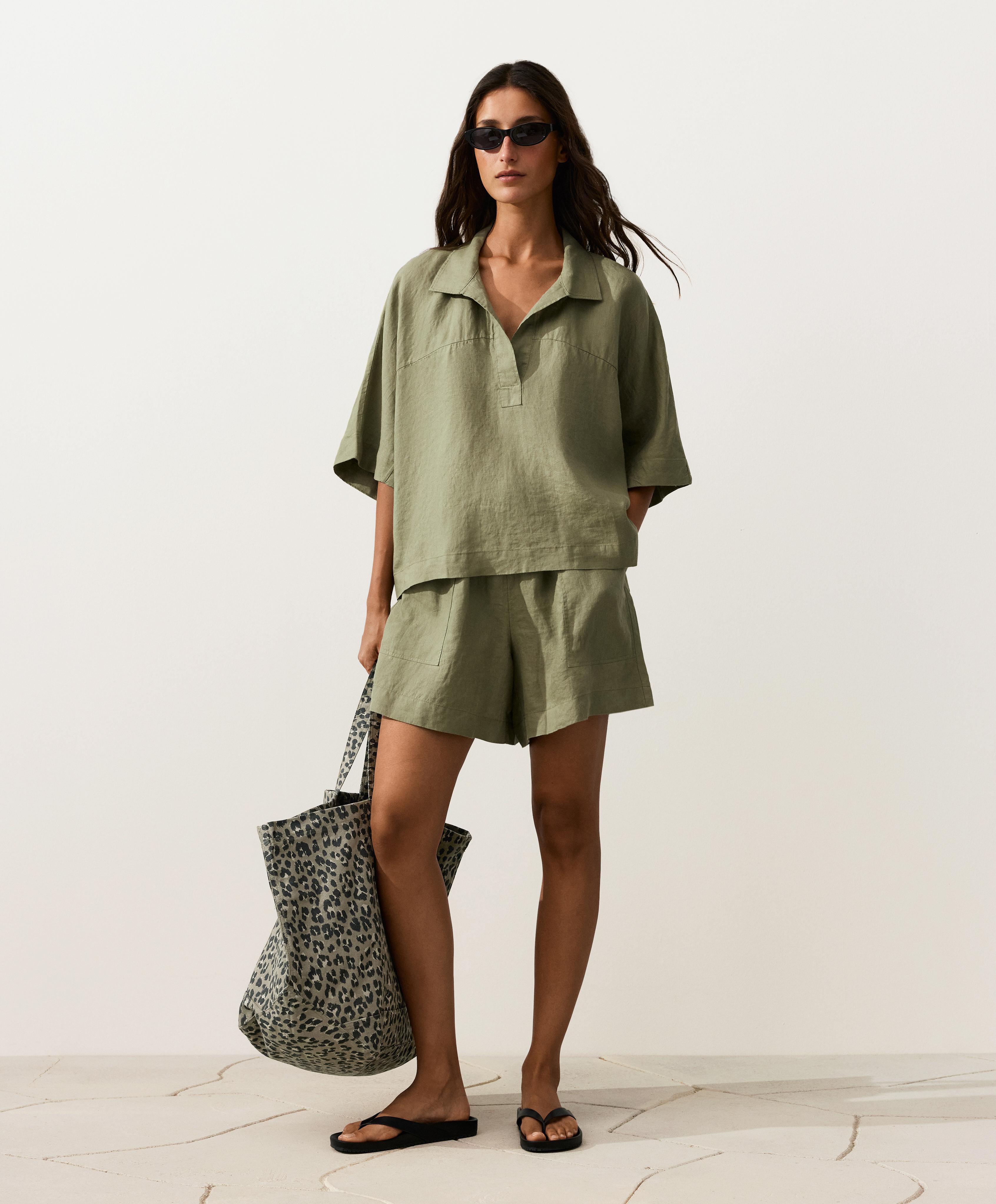 Oversize 100% linen polo shirt — YELLOW GREEN